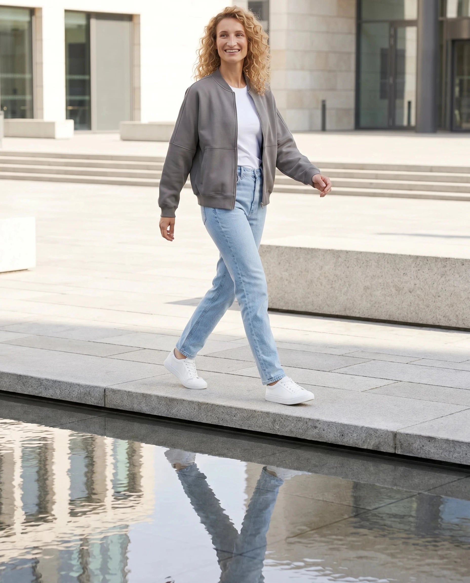 Bomber en molleton gris Denise, porté sur un parvis au miroir d'eau