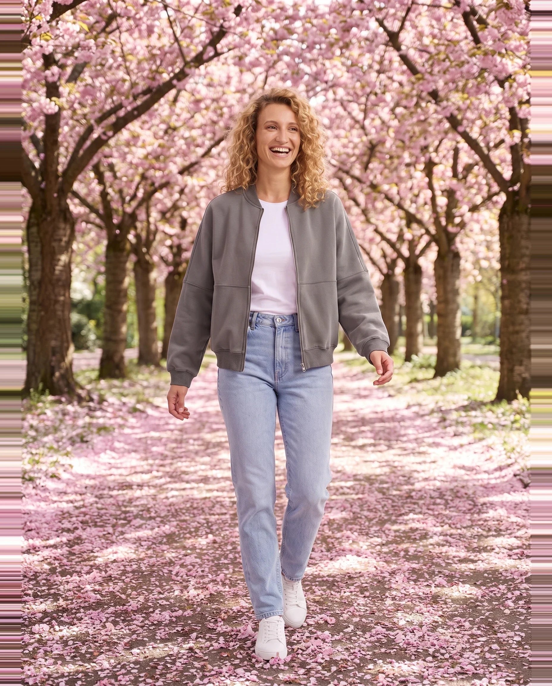 Bomber en molleton gris Denise, porté dans une allée de cerisiers en fleurs