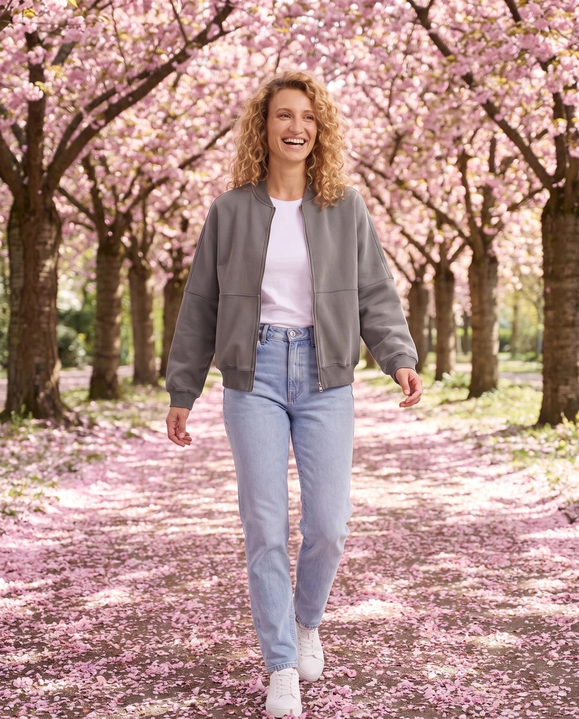 Bomber en molleton gris Denise, porté dans une allée de cerisiers en fleurs