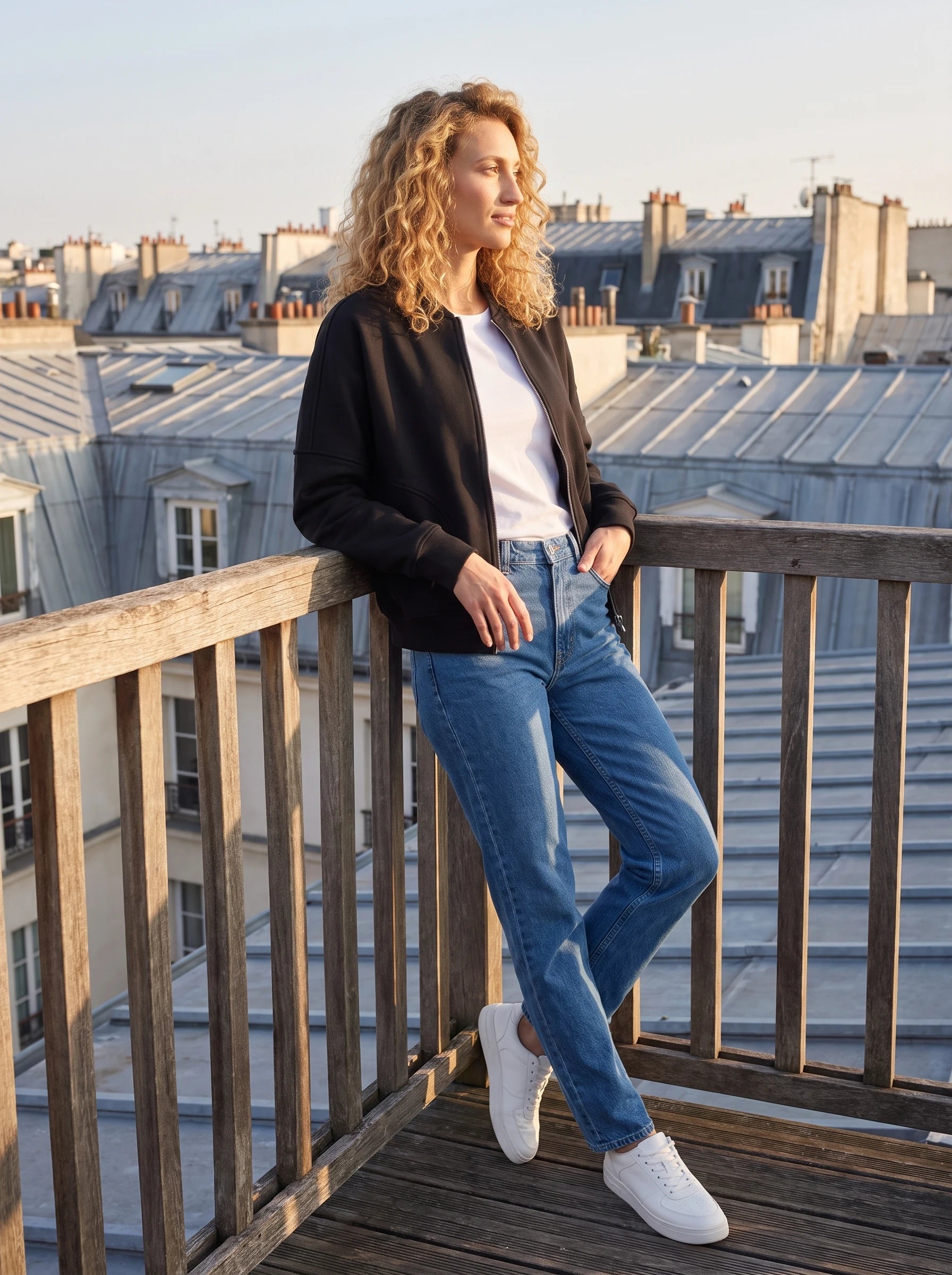 Bomber en molleton noir Denise, porté sur un rooftop dominant les toits en zinc