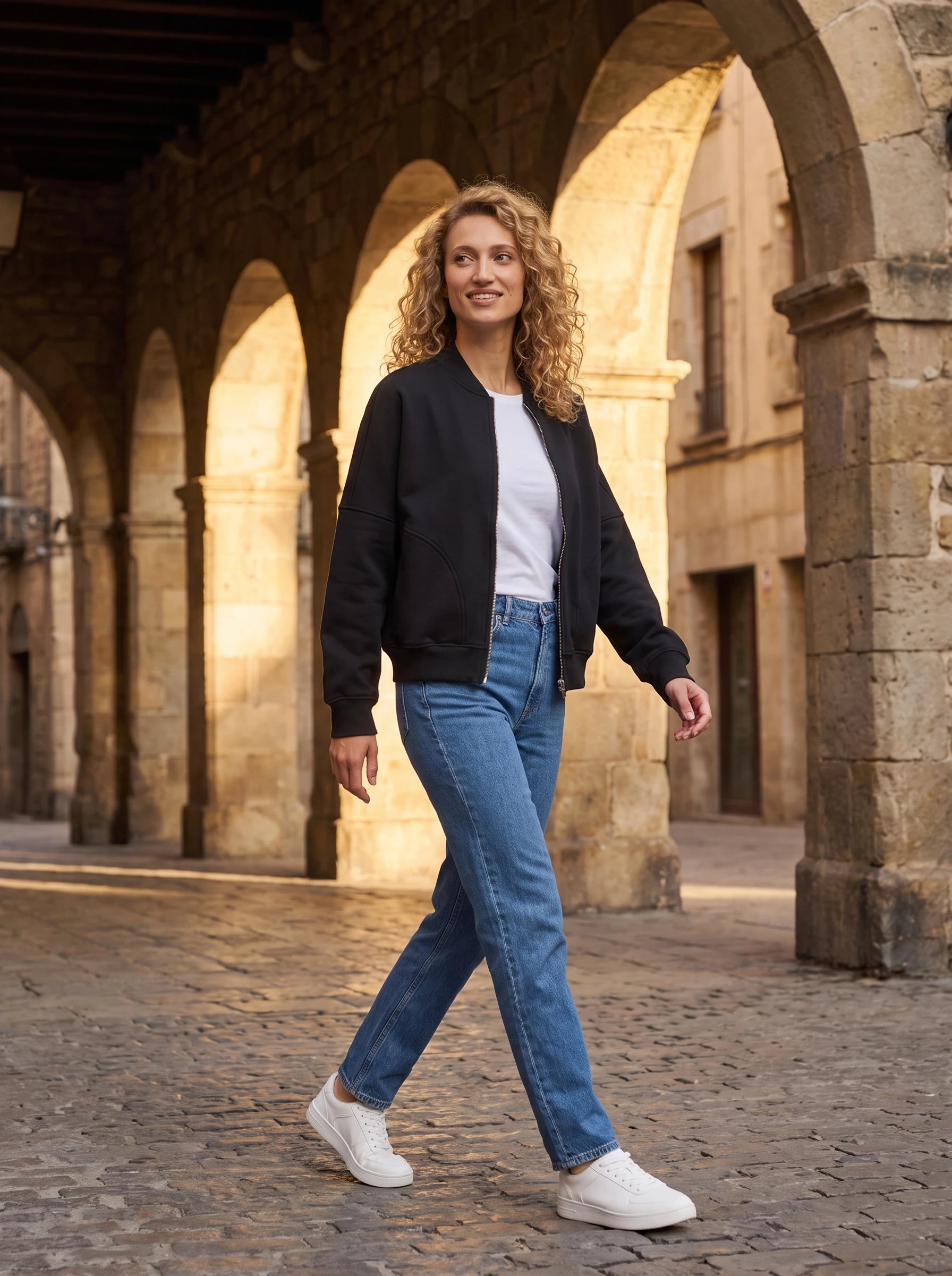 Bomber en molleton noir Denise, porté dans une rue aux arcades de pierre
