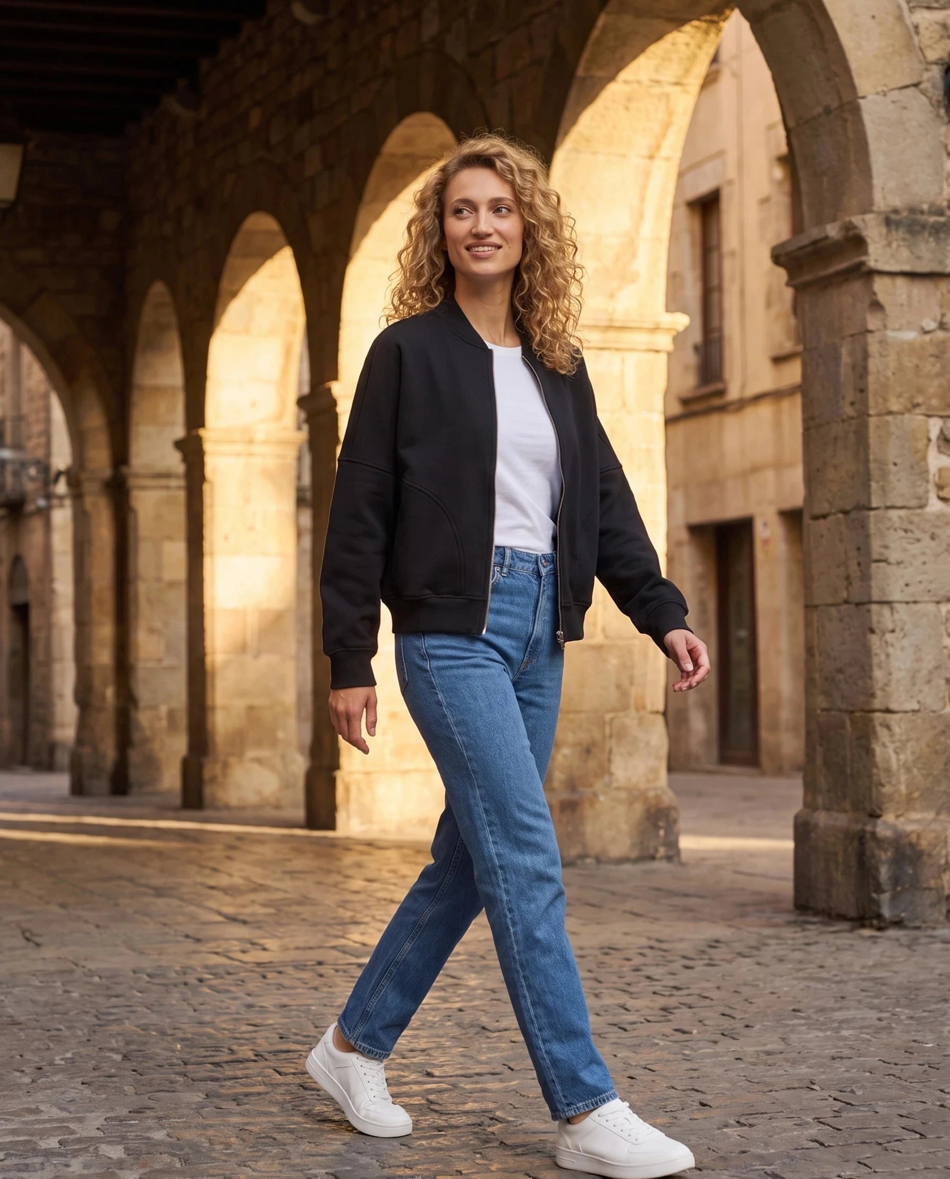 Bomber en molleton noir Denise, porté dans une rue aux arcades de pierre