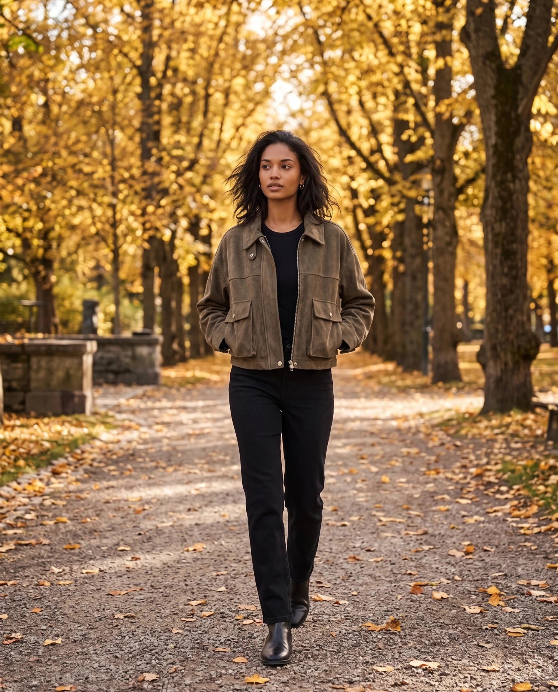 Veste utilitaire kaki Ernestine, portée dans une allée de parc en automne