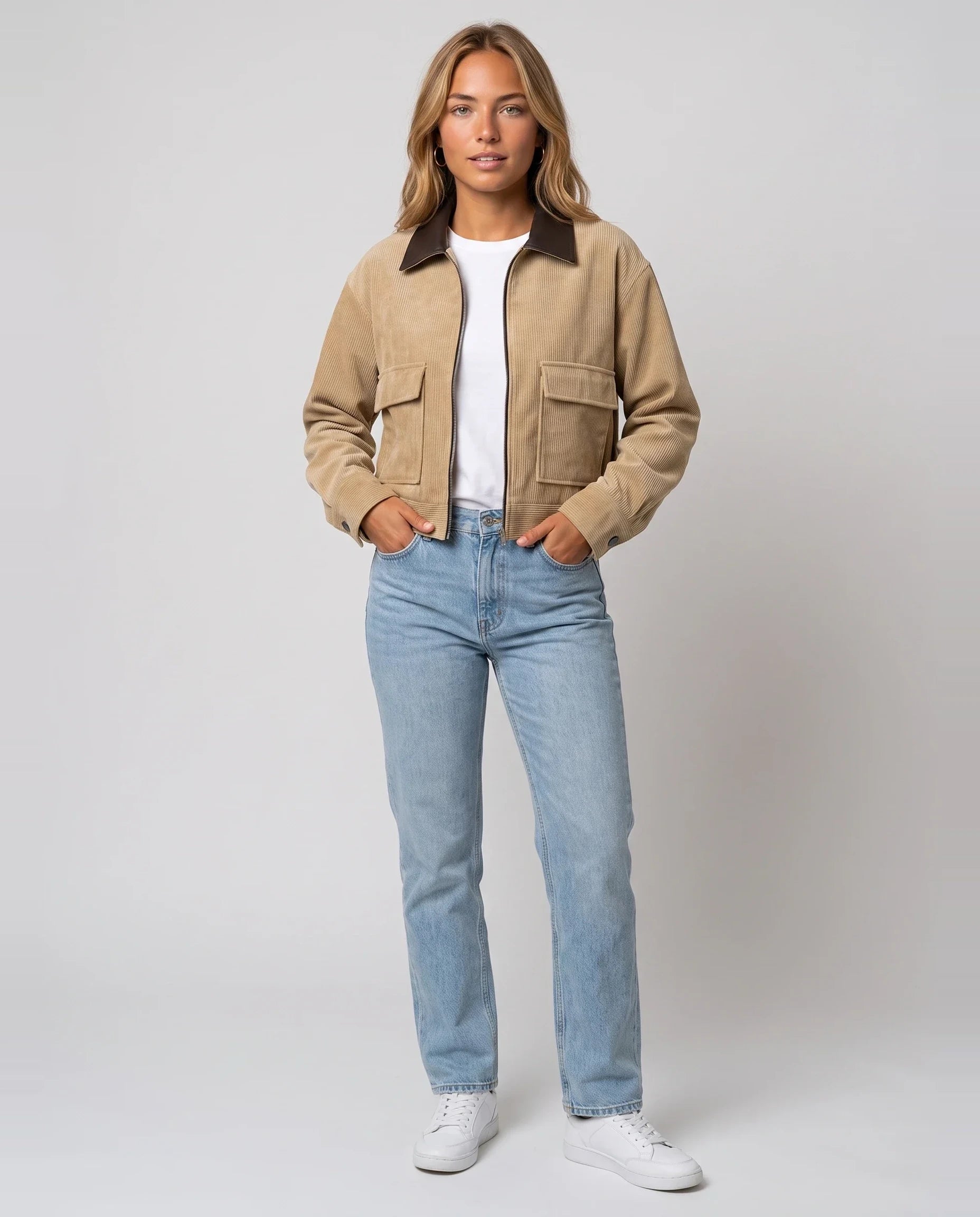Veste courte zippée en velours côtelé beige Célie, vue de face en studio