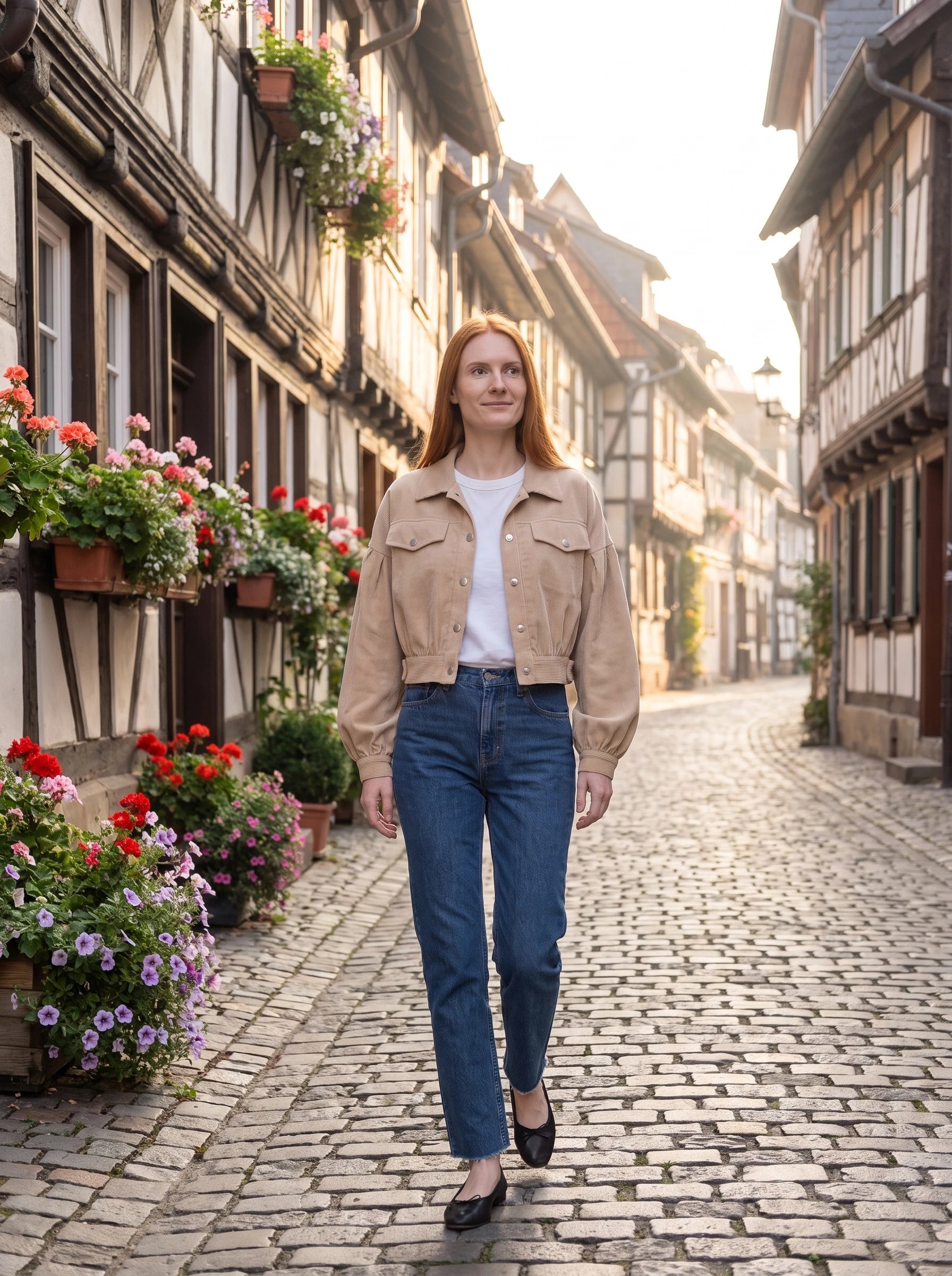 Veste en velours côtelé beige Yvette, portée dans une rue aux maisons à colombages