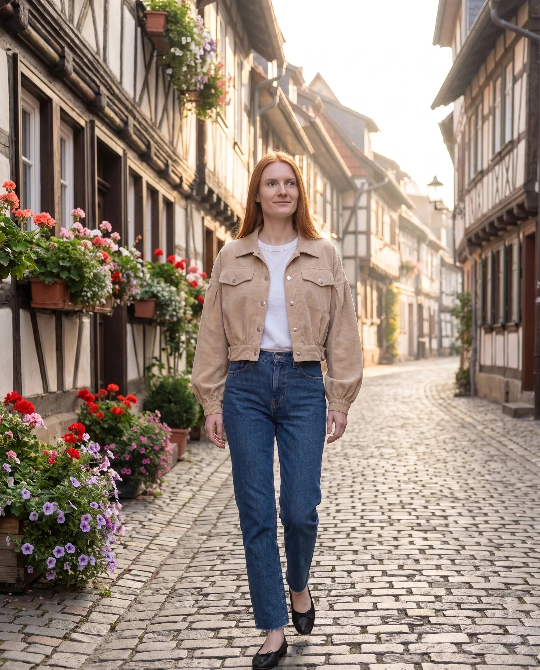 Veste en velours côtelé beige Yvette, portée dans une rue aux maisons à colombages