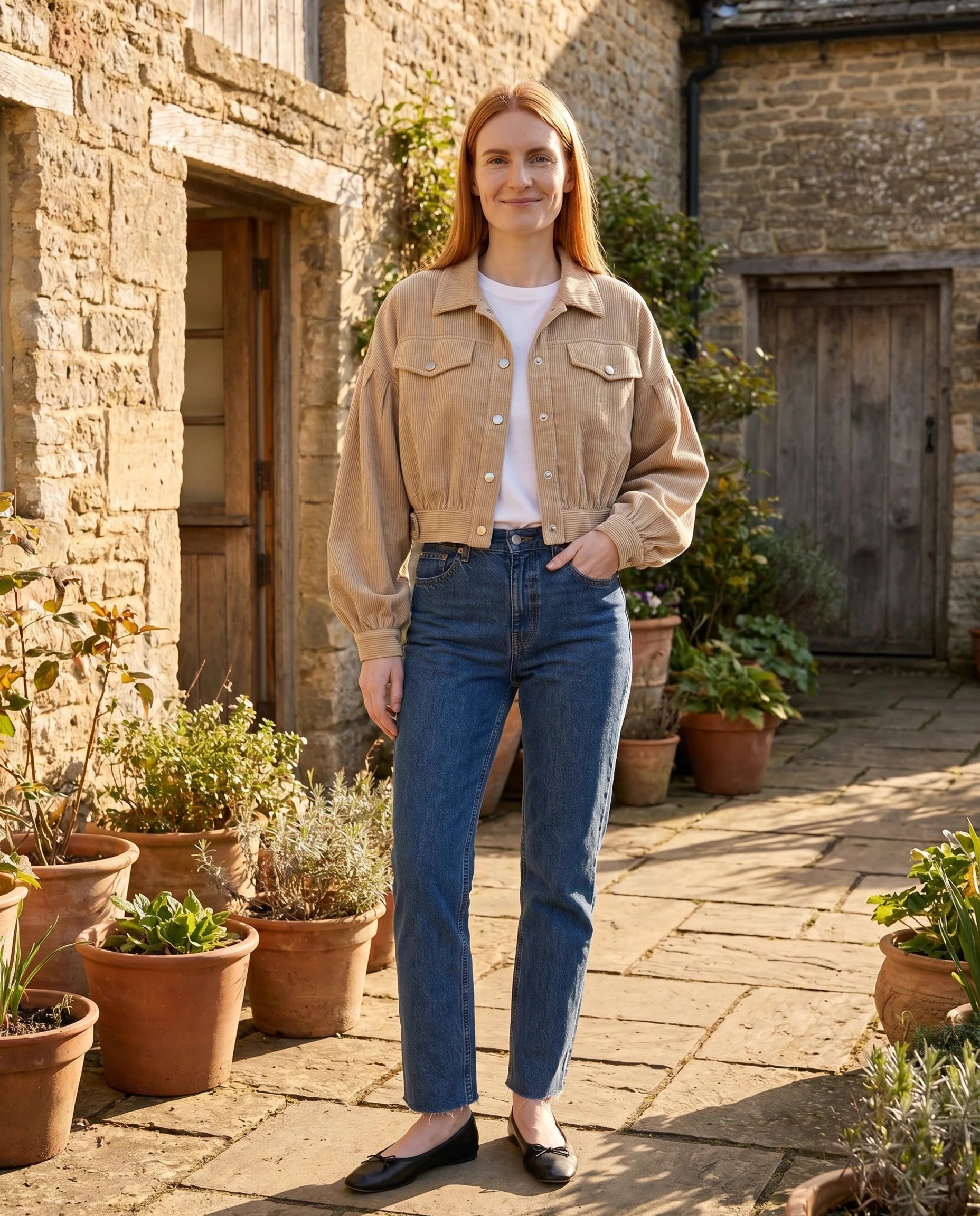 Veste en velours côtelé beige Yvette, portée dans la cour pavée d'une ferme ancienne