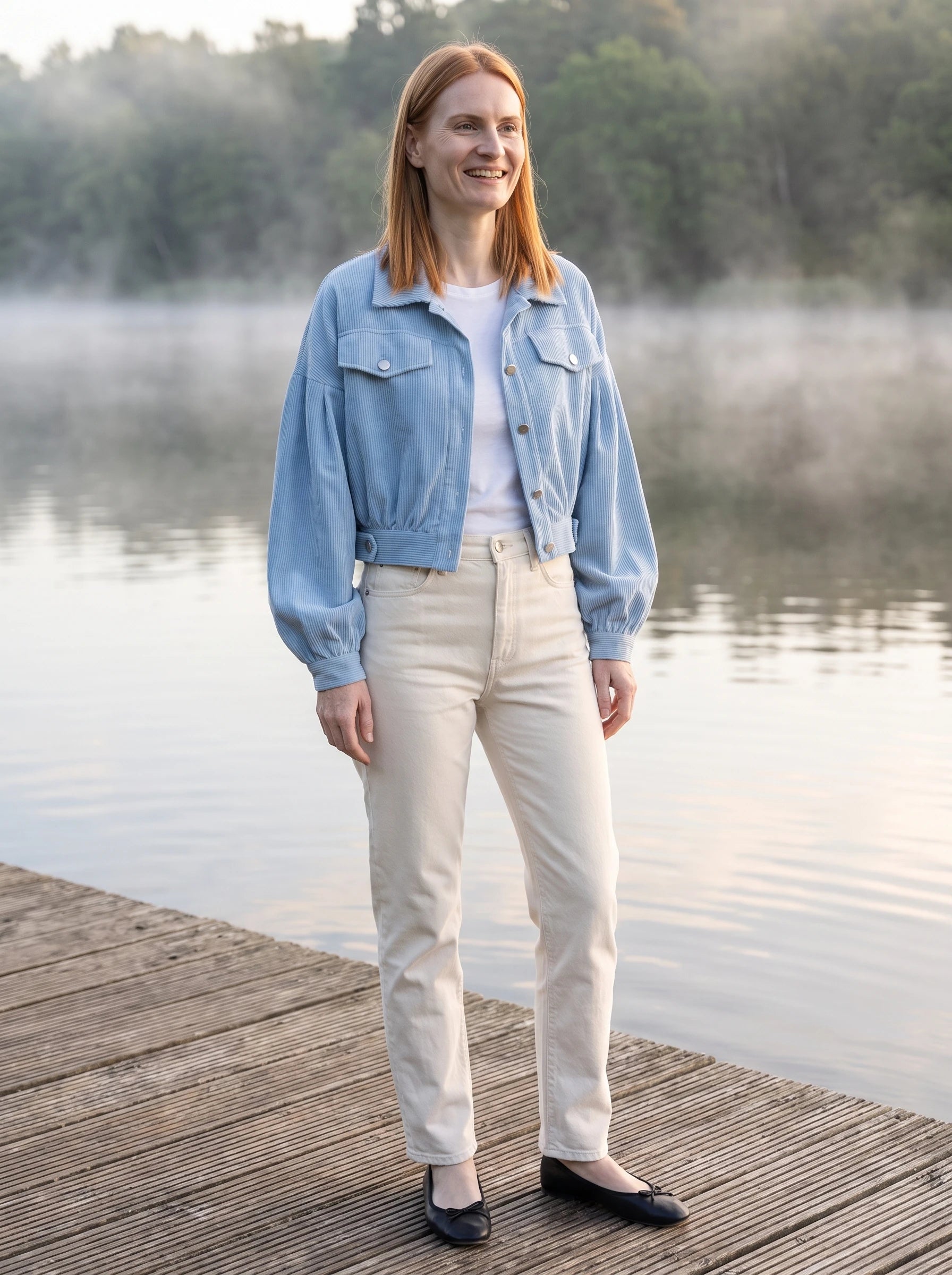 Veste en velours côtelé bleu ciel Yvette, portée sur un ponton au bord d'un lac