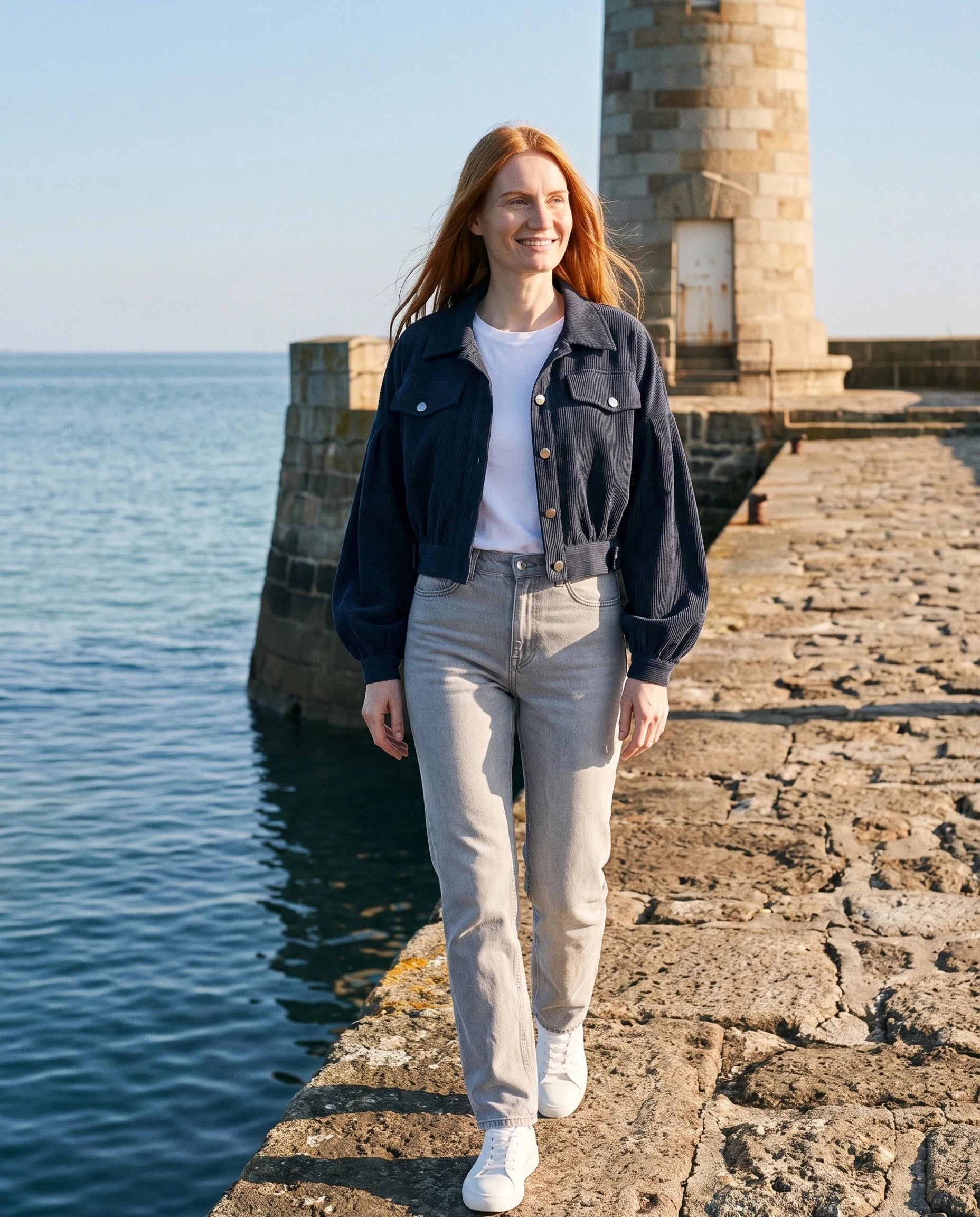 Veste en velours côtelé bleu marine Yvette, portée sur la jetée de pierre d'un phare