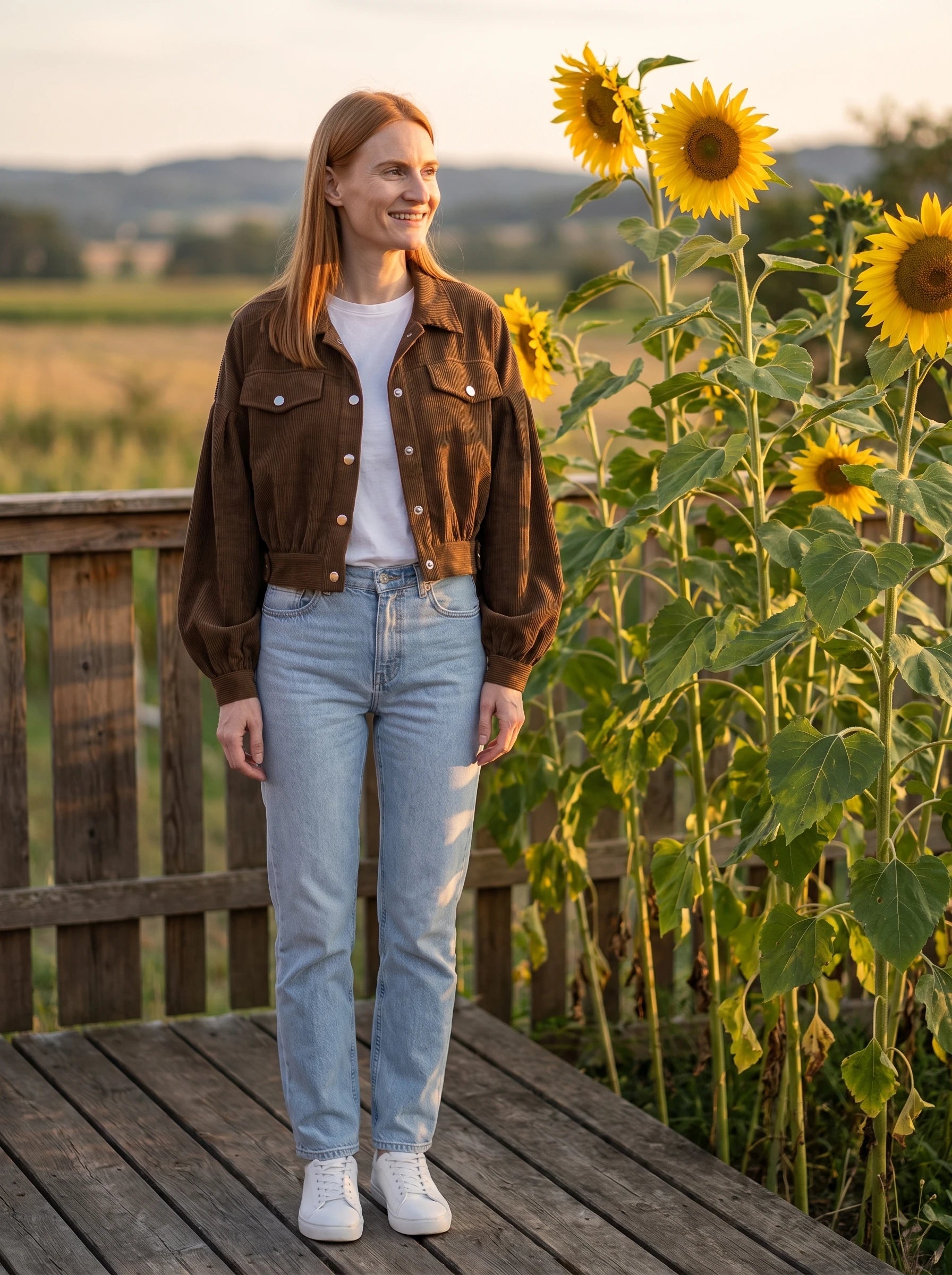 Veste en velours côtelé café Yvette, portée sur une terrasse de campagne aux tournesols