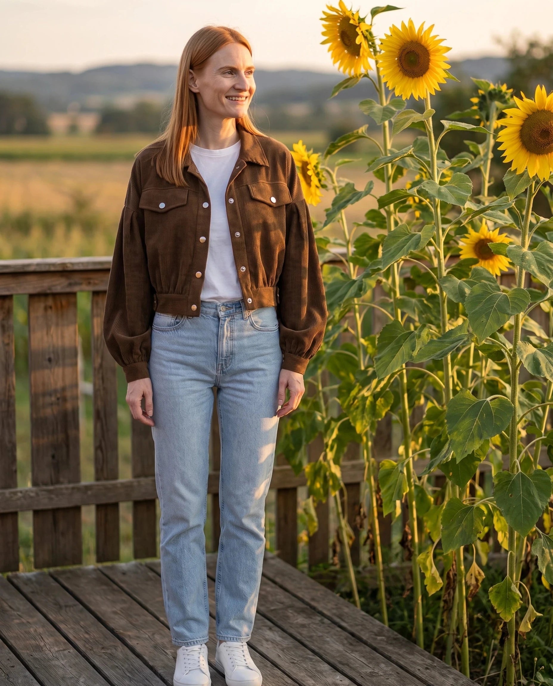 Veste en velours côtelé café Yvette, portée sur une terrasse de campagne aux tournesols
