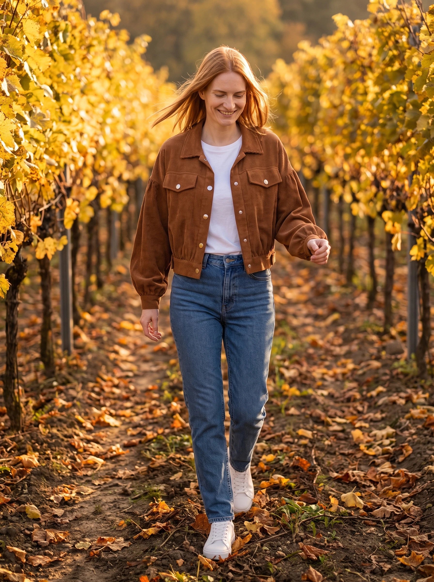 Veste en velours côtelé cannelle Yvette, portée dans un vignoble doré en automne