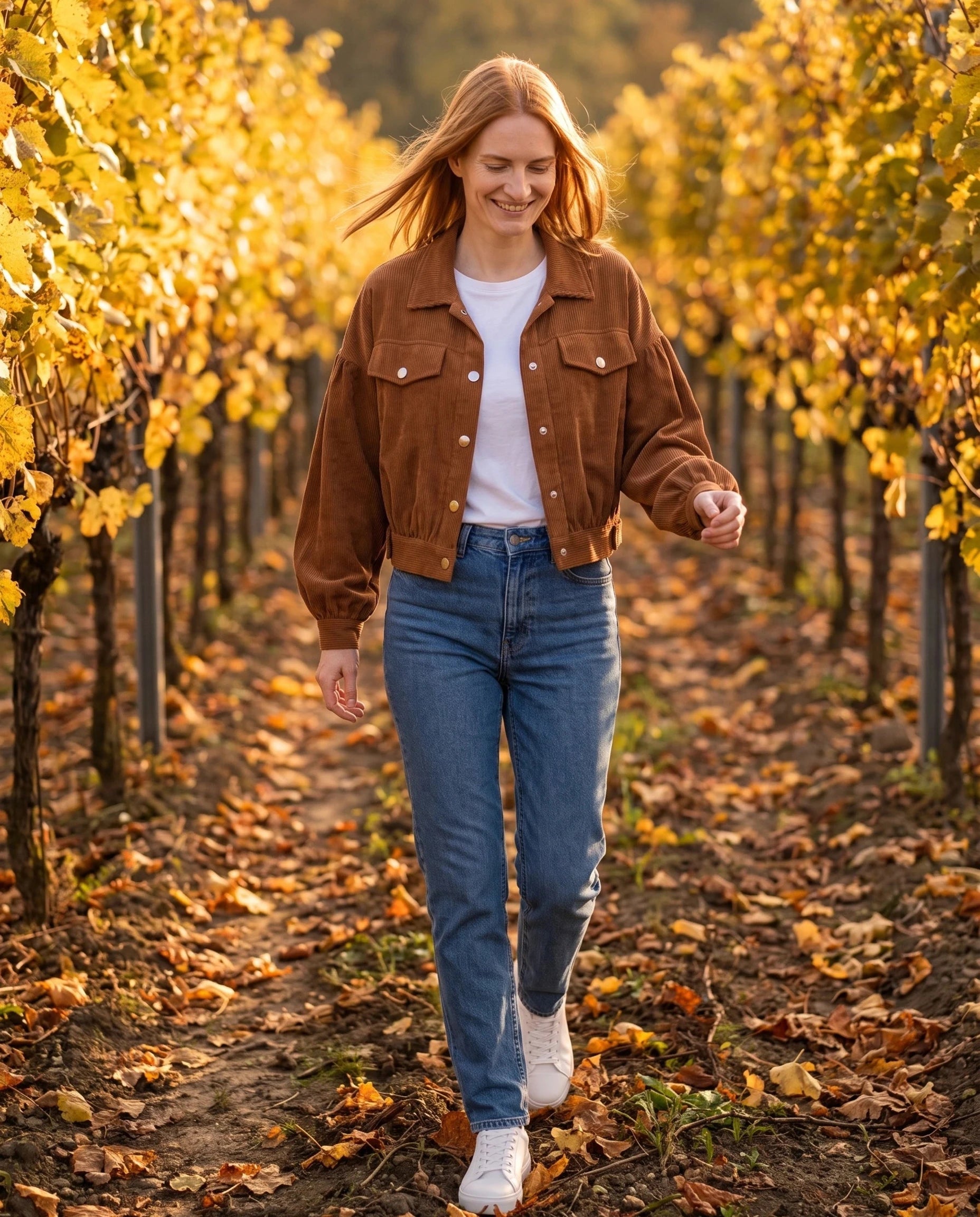 Veste en velours côtelé cannelle Yvette, portée dans un vignoble doré en automne