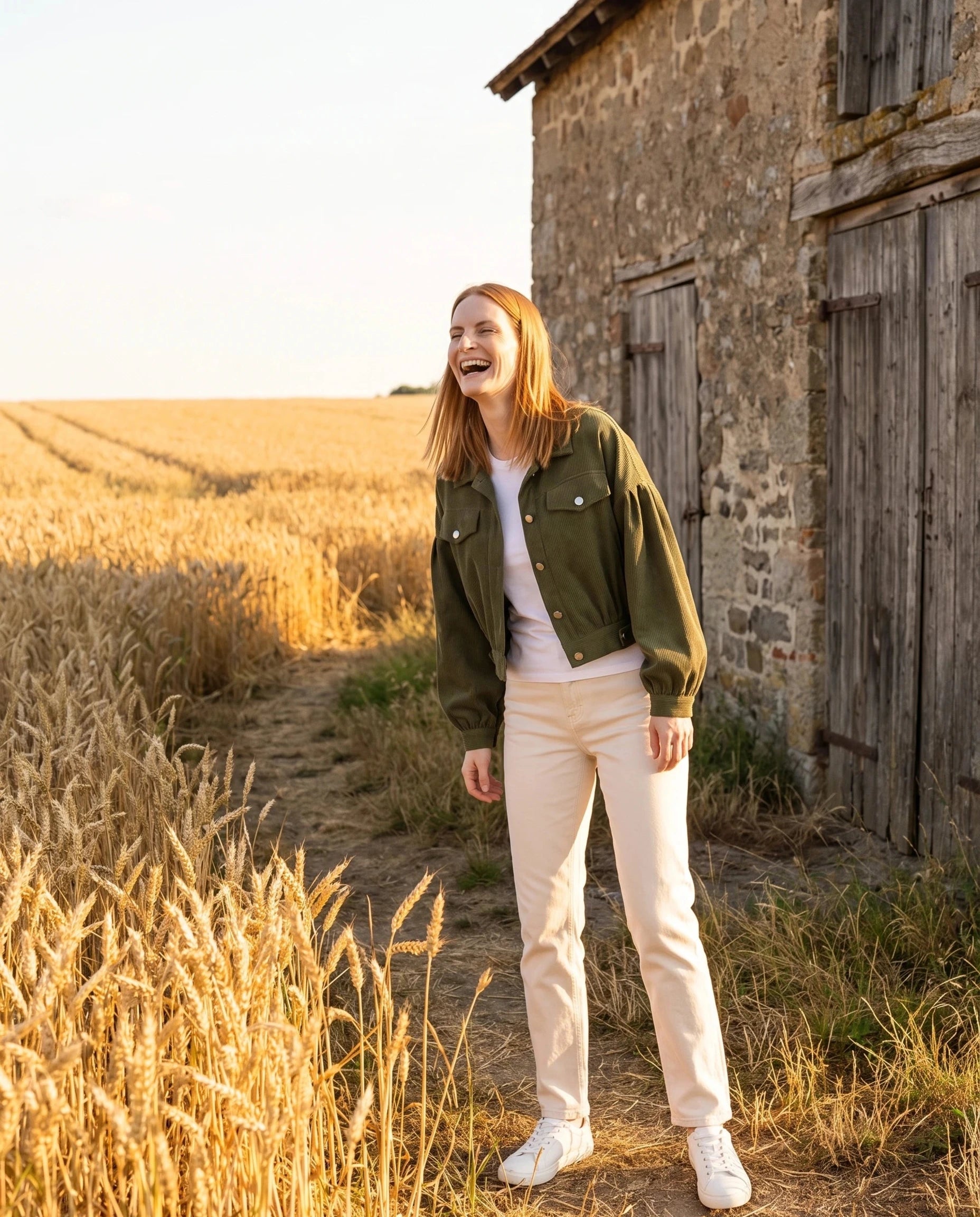 Veste en velours côtelé vert armée Yvette, portée devant une grange en pierre et un champ de blé