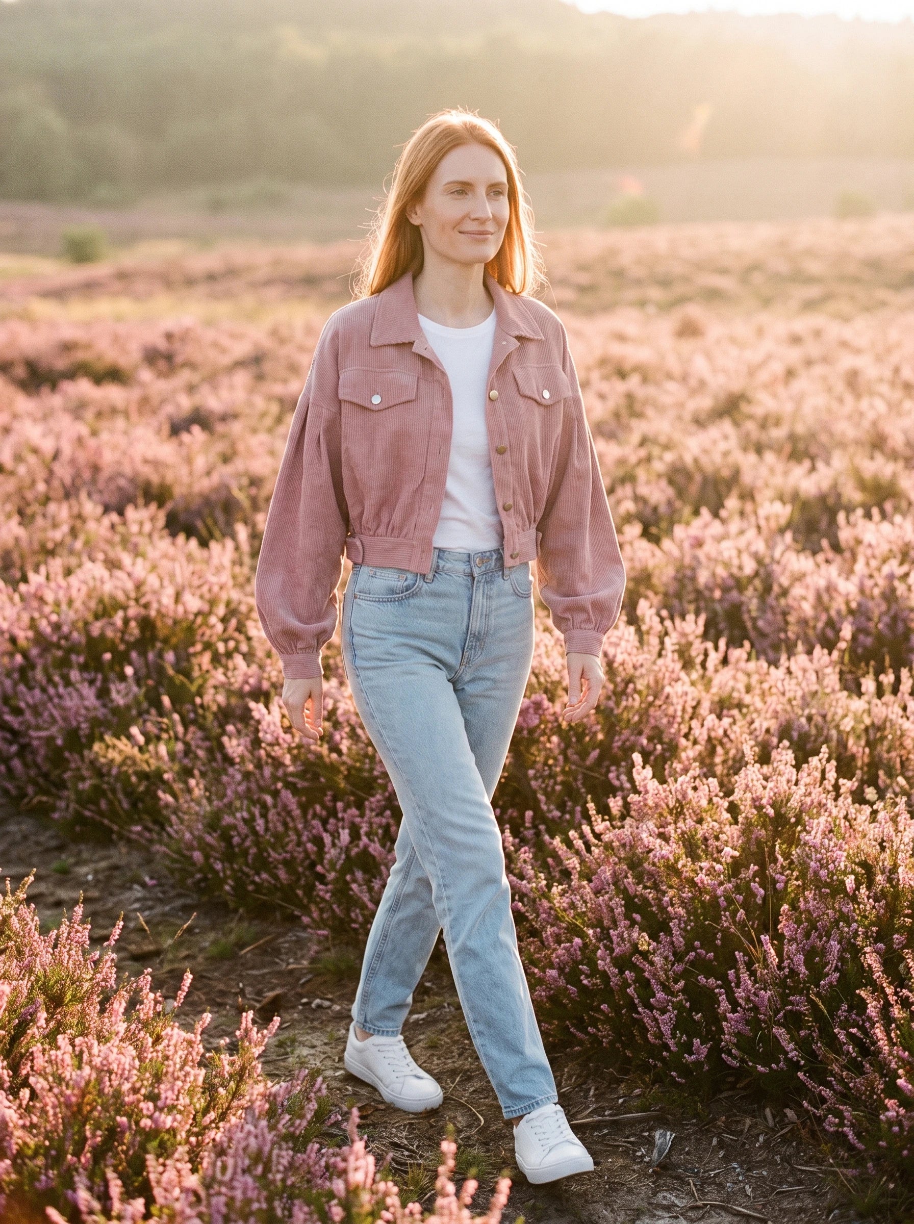 Veste en velours côtelé vieux rose Yvette, portée dans un champ de bruyère rose