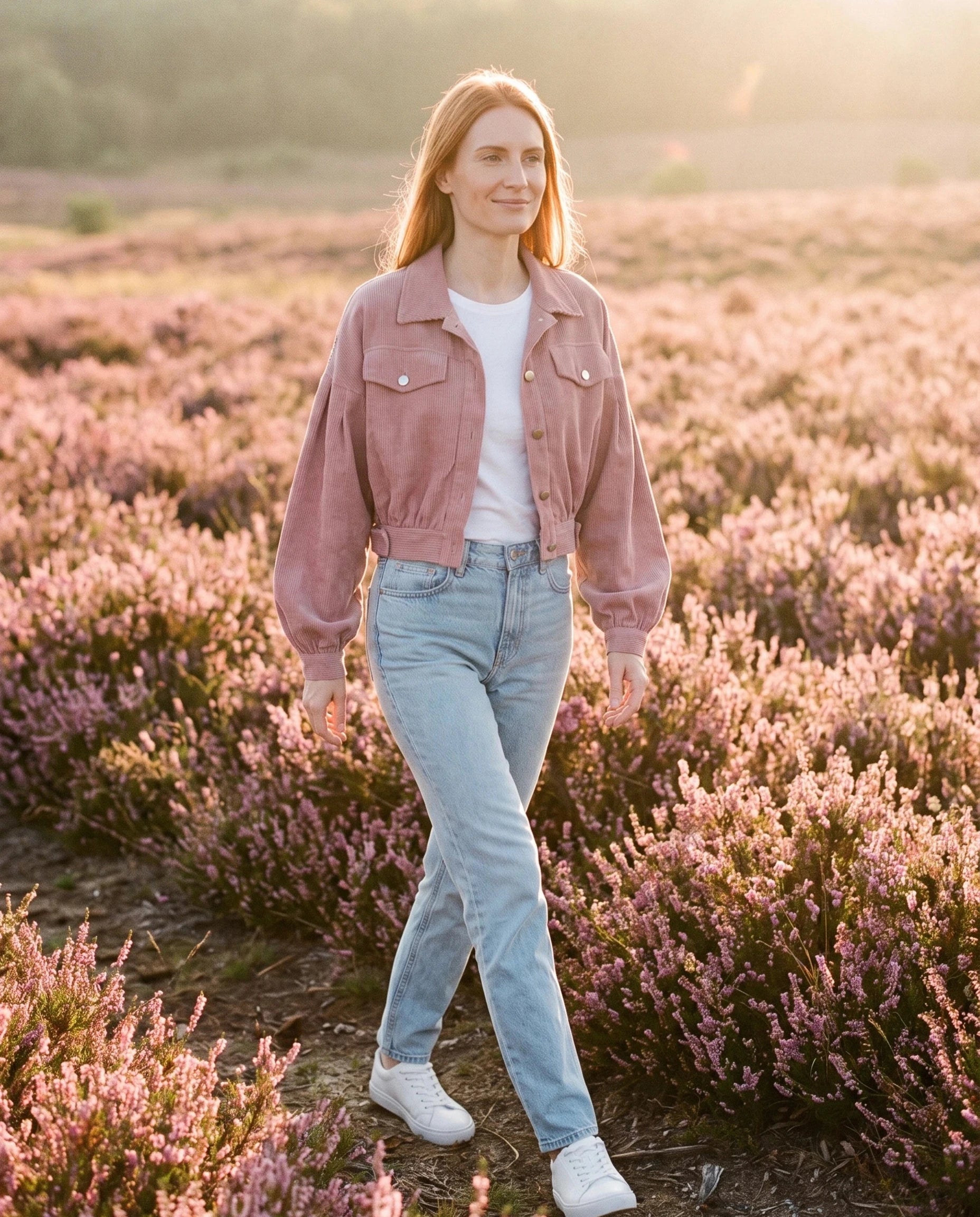 Veste en velours côtelé vieux rose Yvette, portée dans un champ de bruyère rose