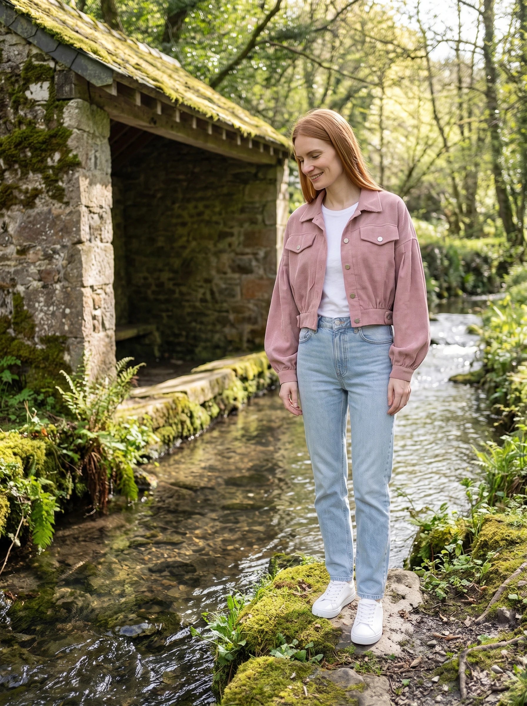 Veste en velours côtelé vieux rose Yvette, portée près d'un lavoir ancien au bord d'un ruisseau