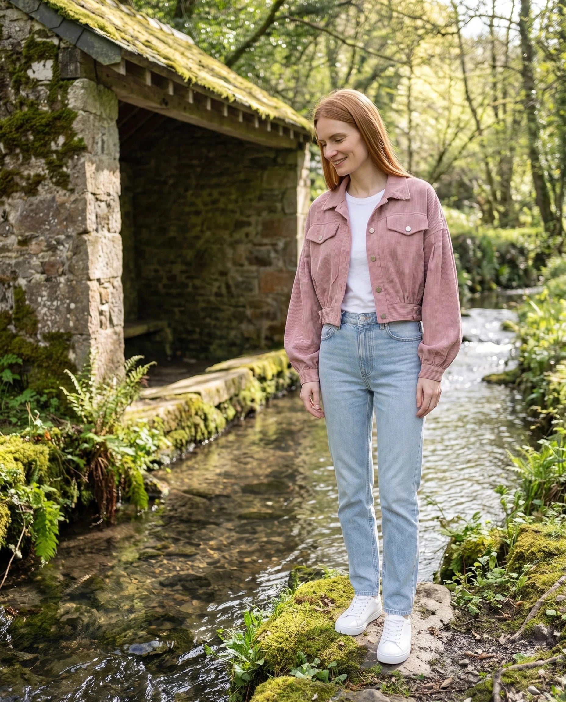 Veste en velours côtelé vieux rose Yvette, portée près d'un lavoir ancien au bord d'un ruisseau