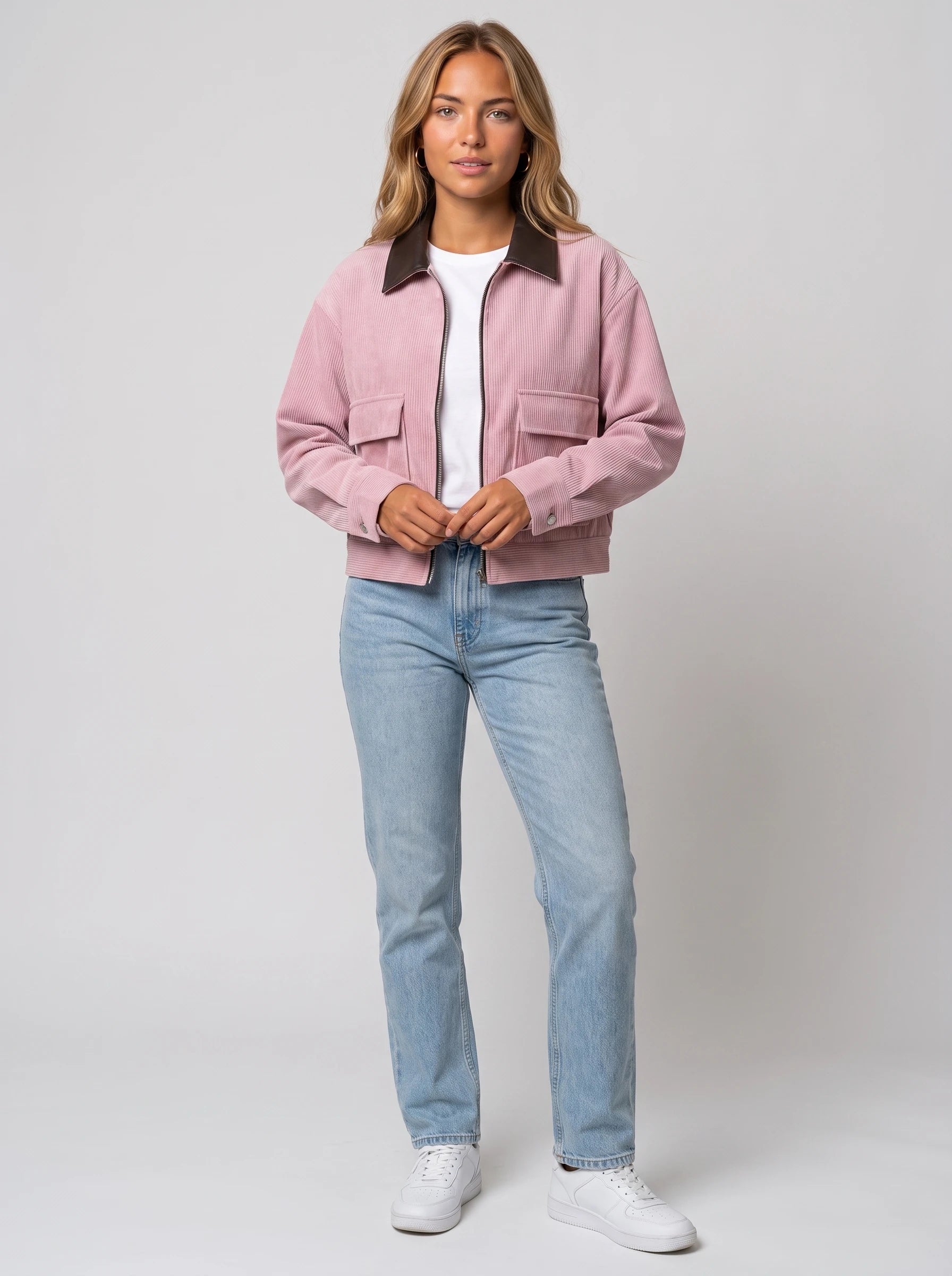 Veste courte zippée en velours côtelé rose poudré Célie, vue de face en studio