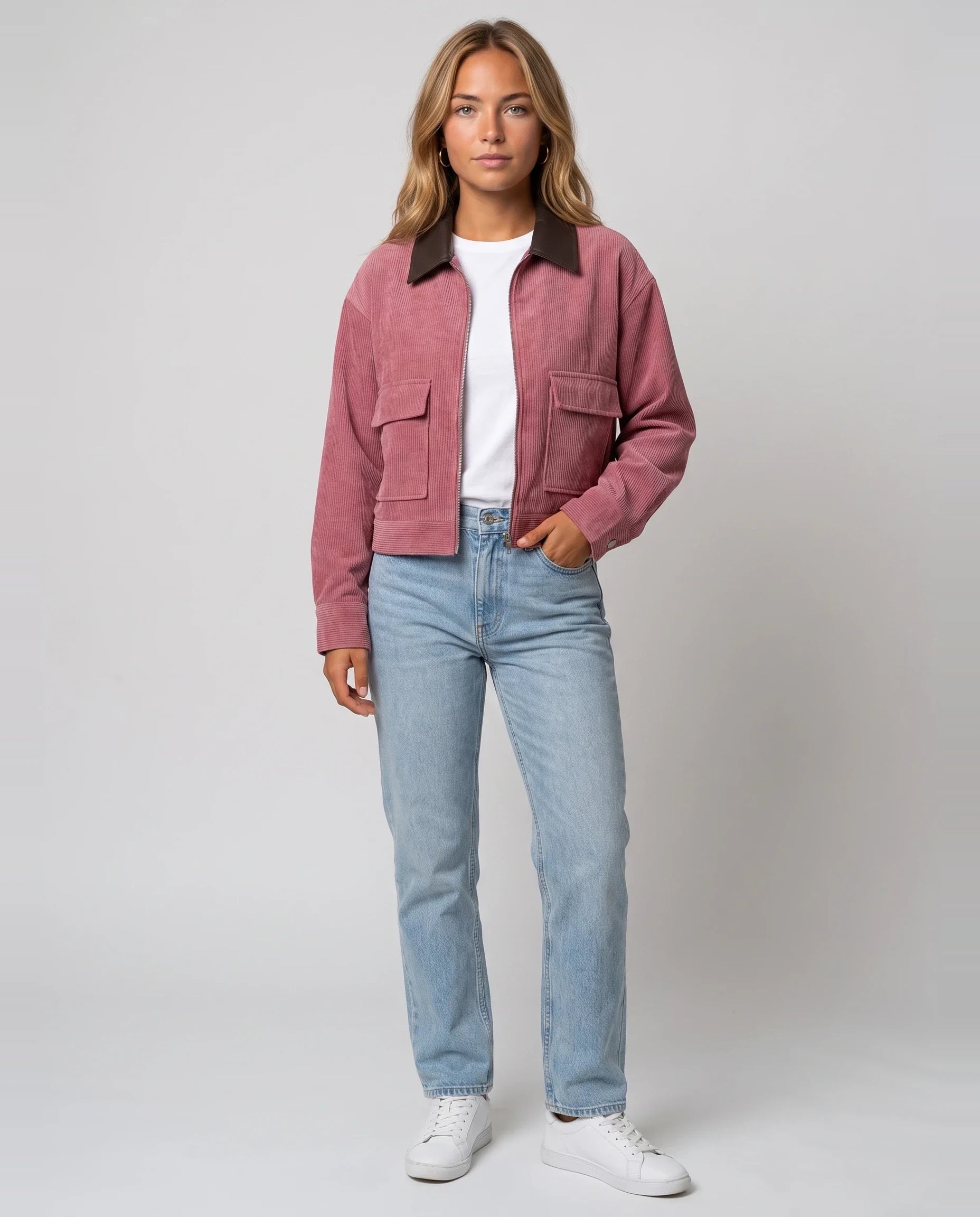 Veste courte zippée en velours côtelé vieux rose Célie, vue de face en studio