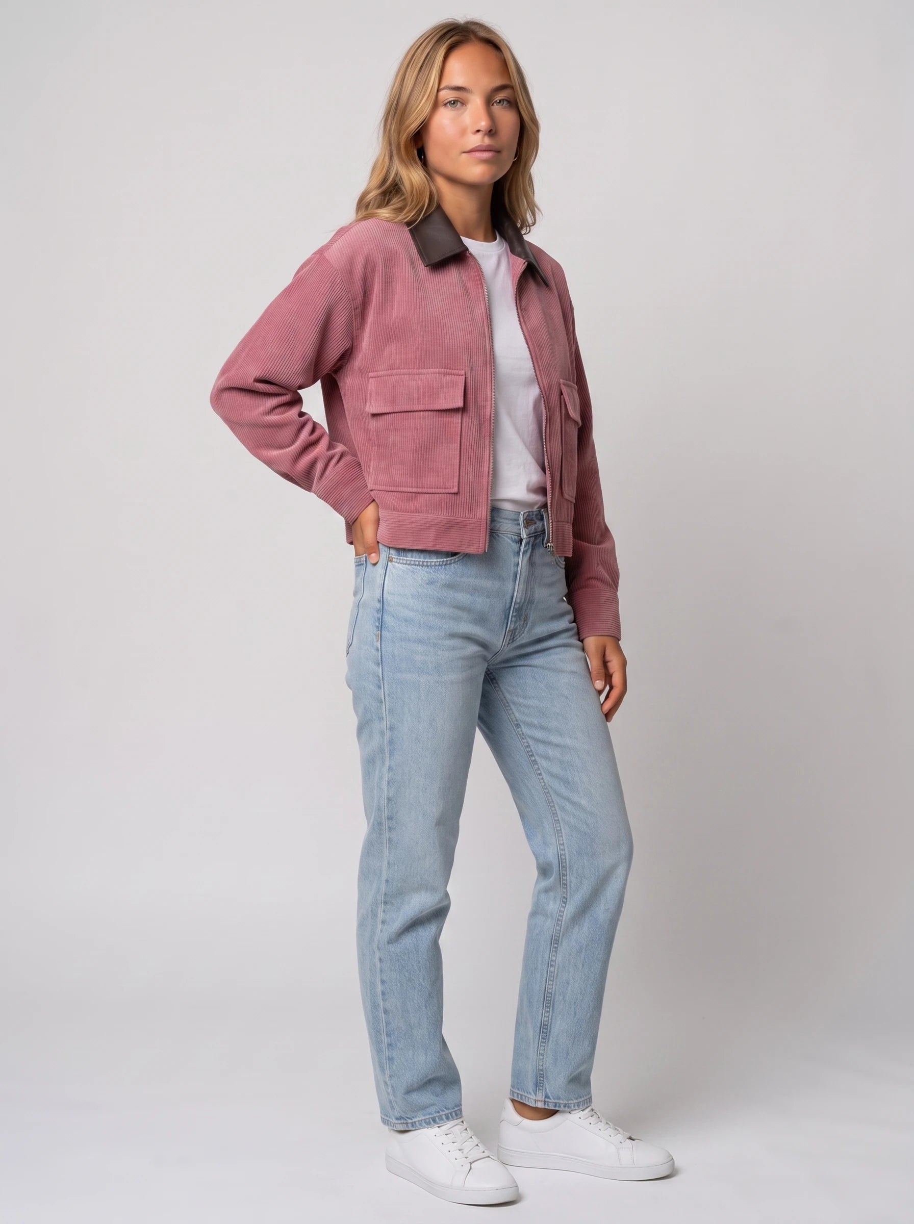 Veste courte zippée en velours côtelé vieux rose Célie, vue de trois quarts en studio