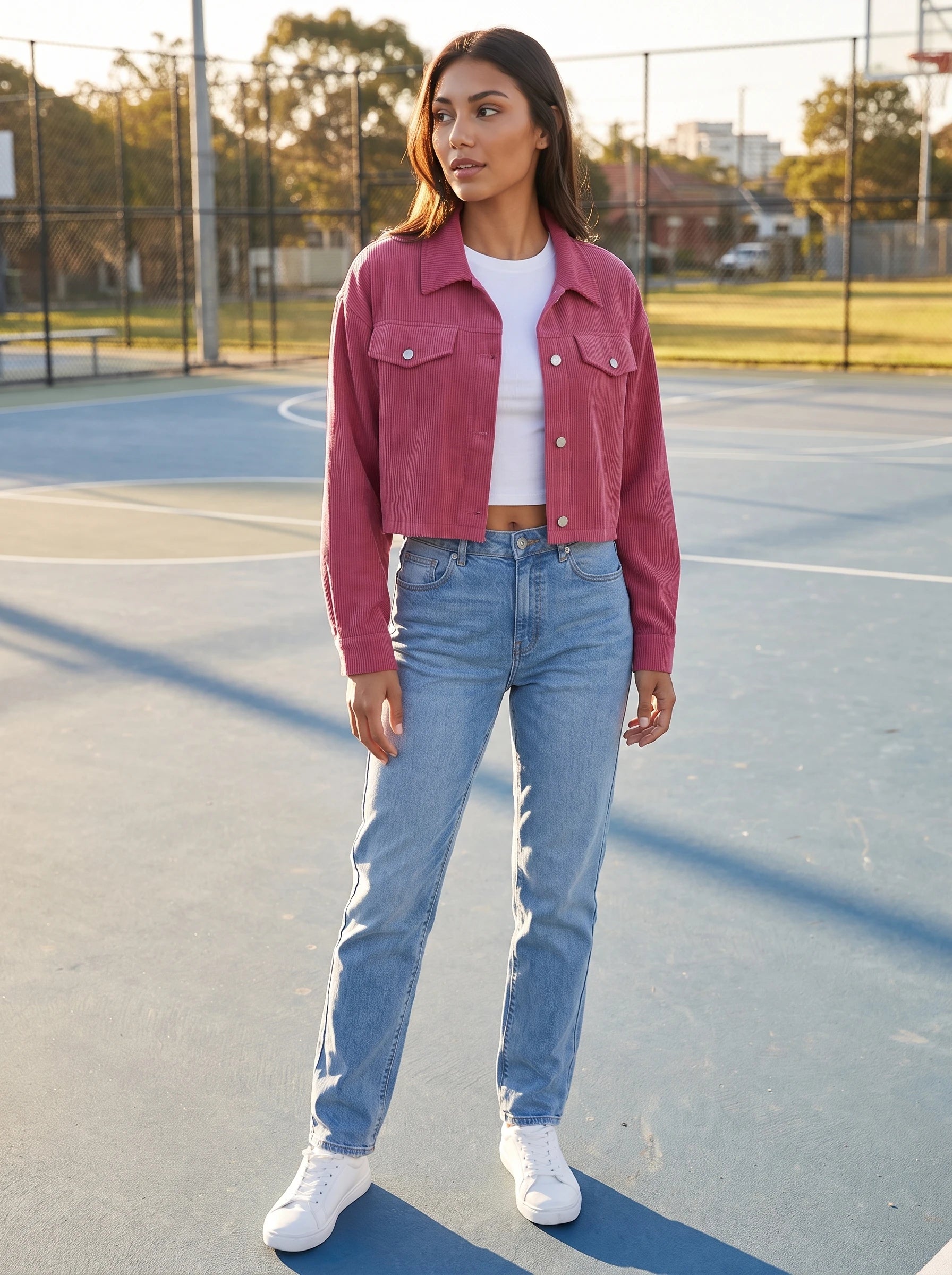 Veste courte Y2K rose framboise Gertrude, portée sur un terrain de basket bleu