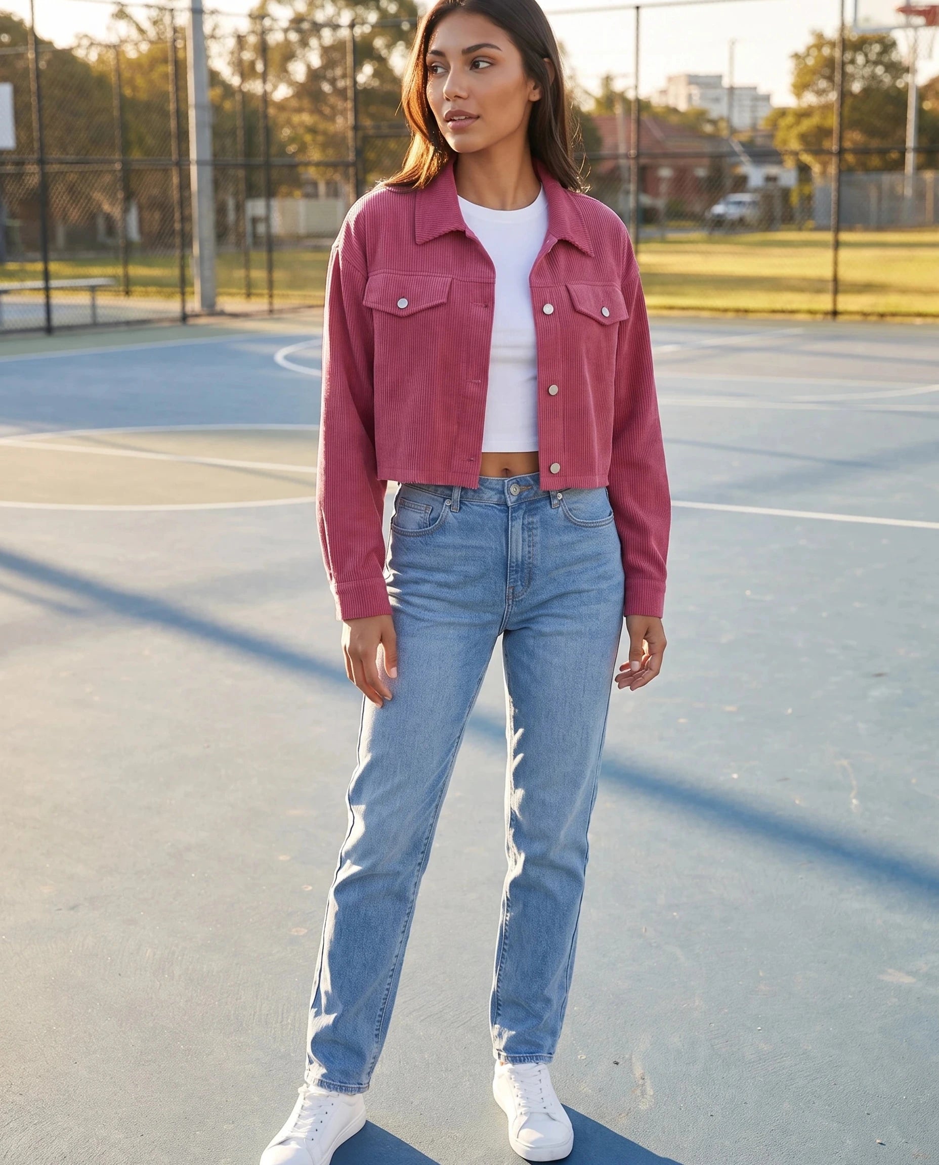 Veste courte Y2K rose framboise Gertrude, portée sur un terrain de basket bleu