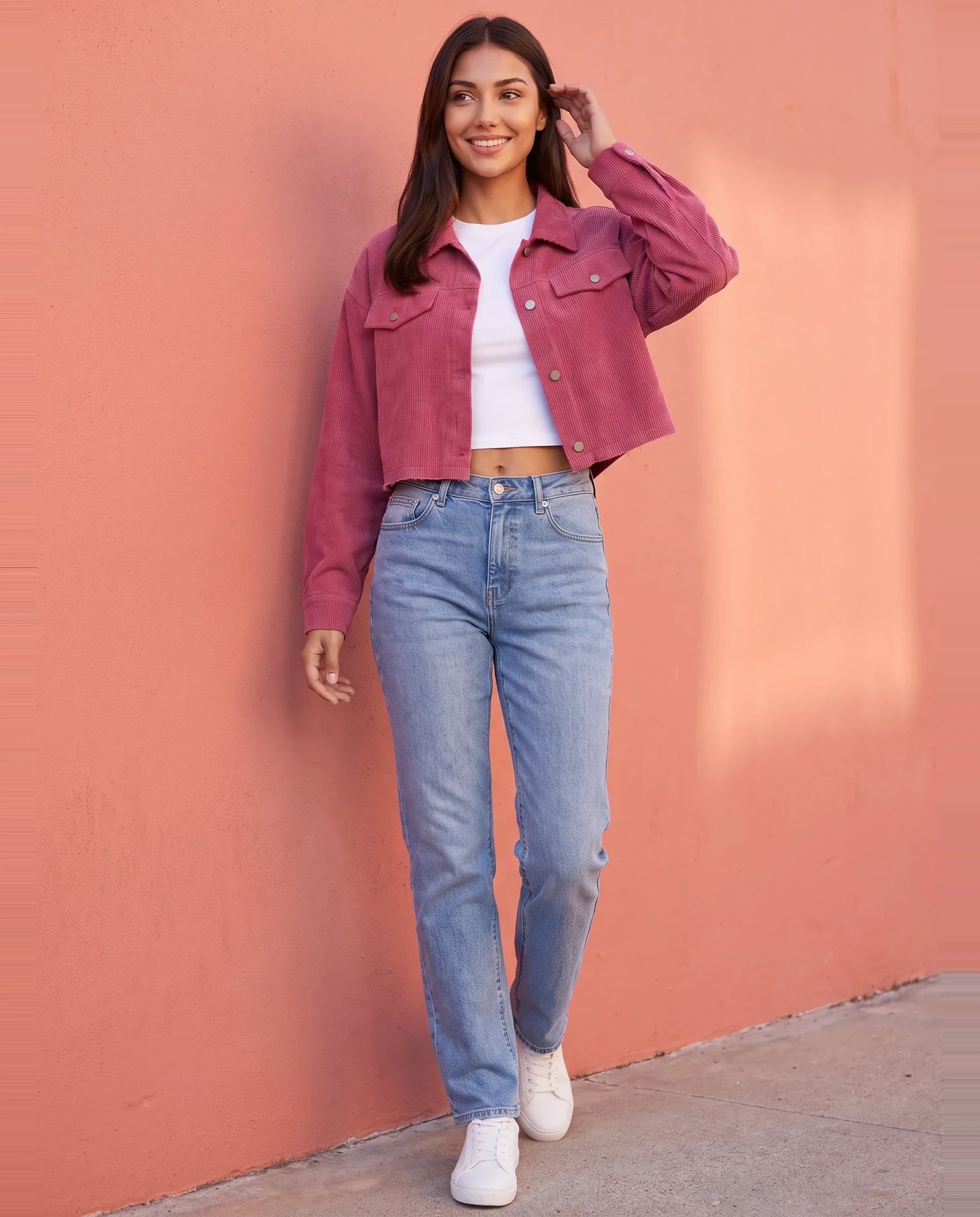 Veste courte Y2K rose framboise Gertrude, portée devant un mur corail