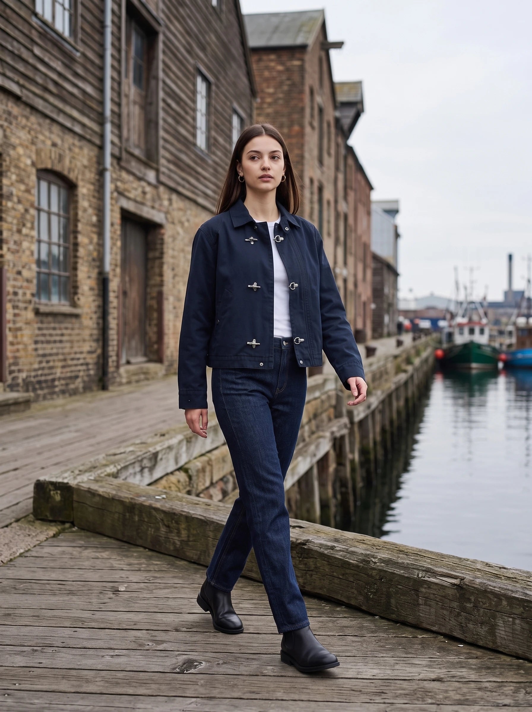 Veste worker bleu marine Romaine, portée sur un quai d'entrepôts anciens