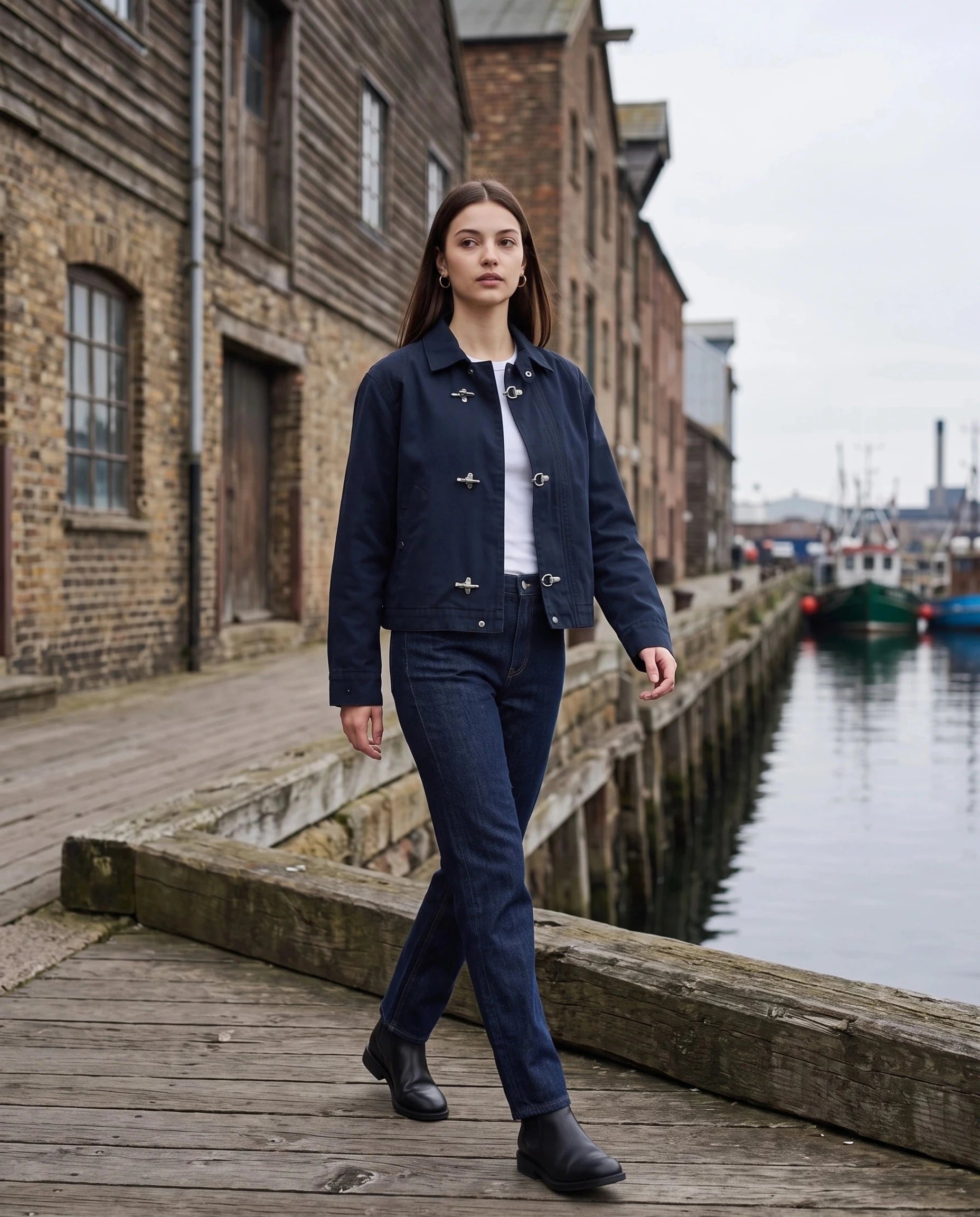 Veste worker bleu marine Romaine, portée sur un quai d'entrepôts anciens