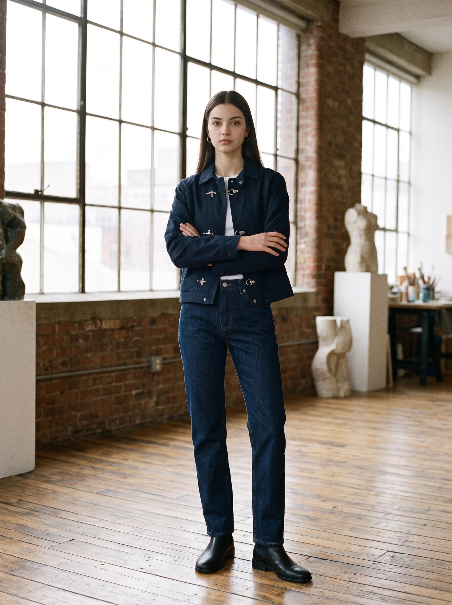 Veste worker bleu marine Romaine, portée dans un loft lumineux
