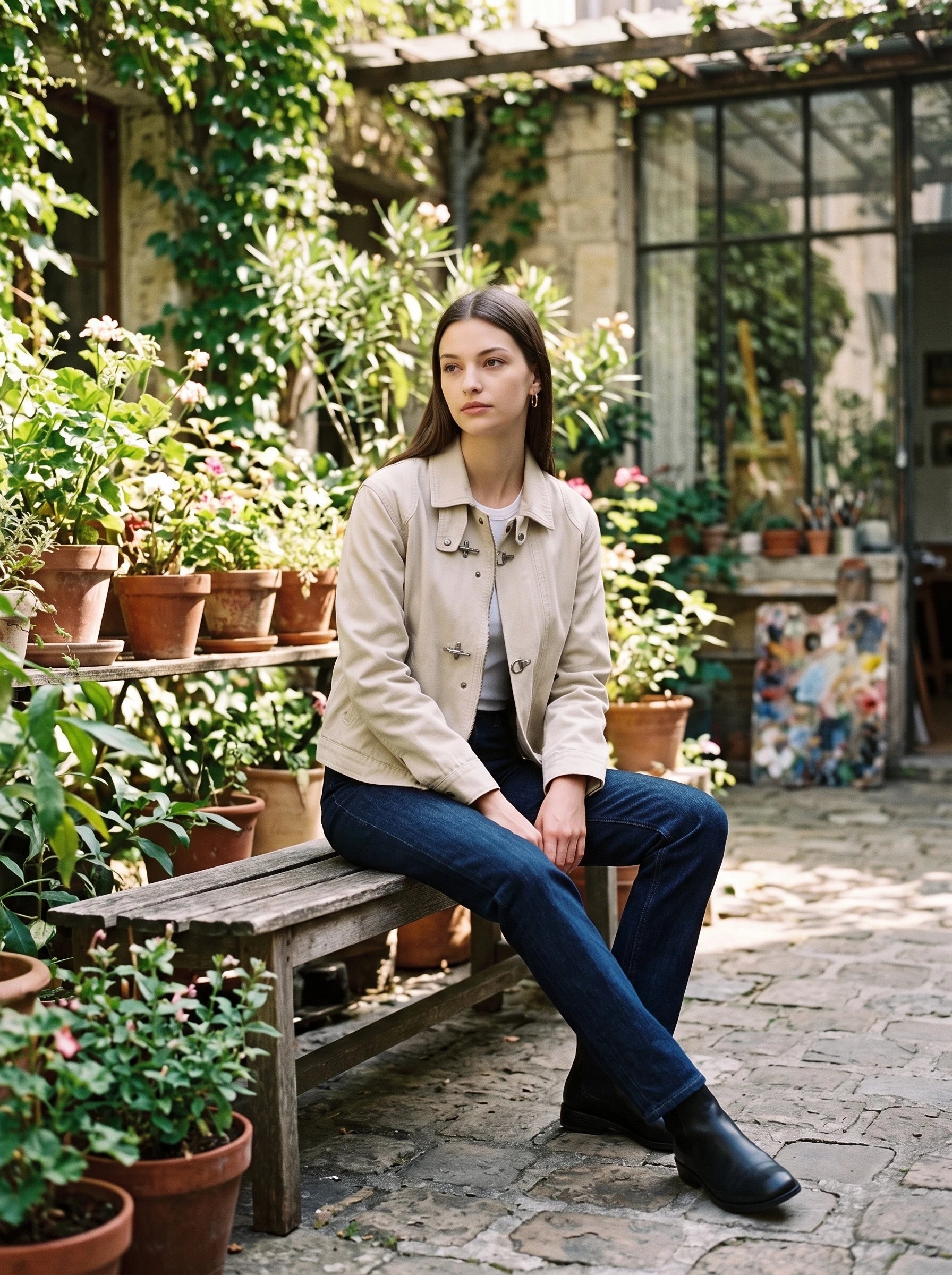 Veste worker écru Romaine, portée dans une cour d'atelier fleurie