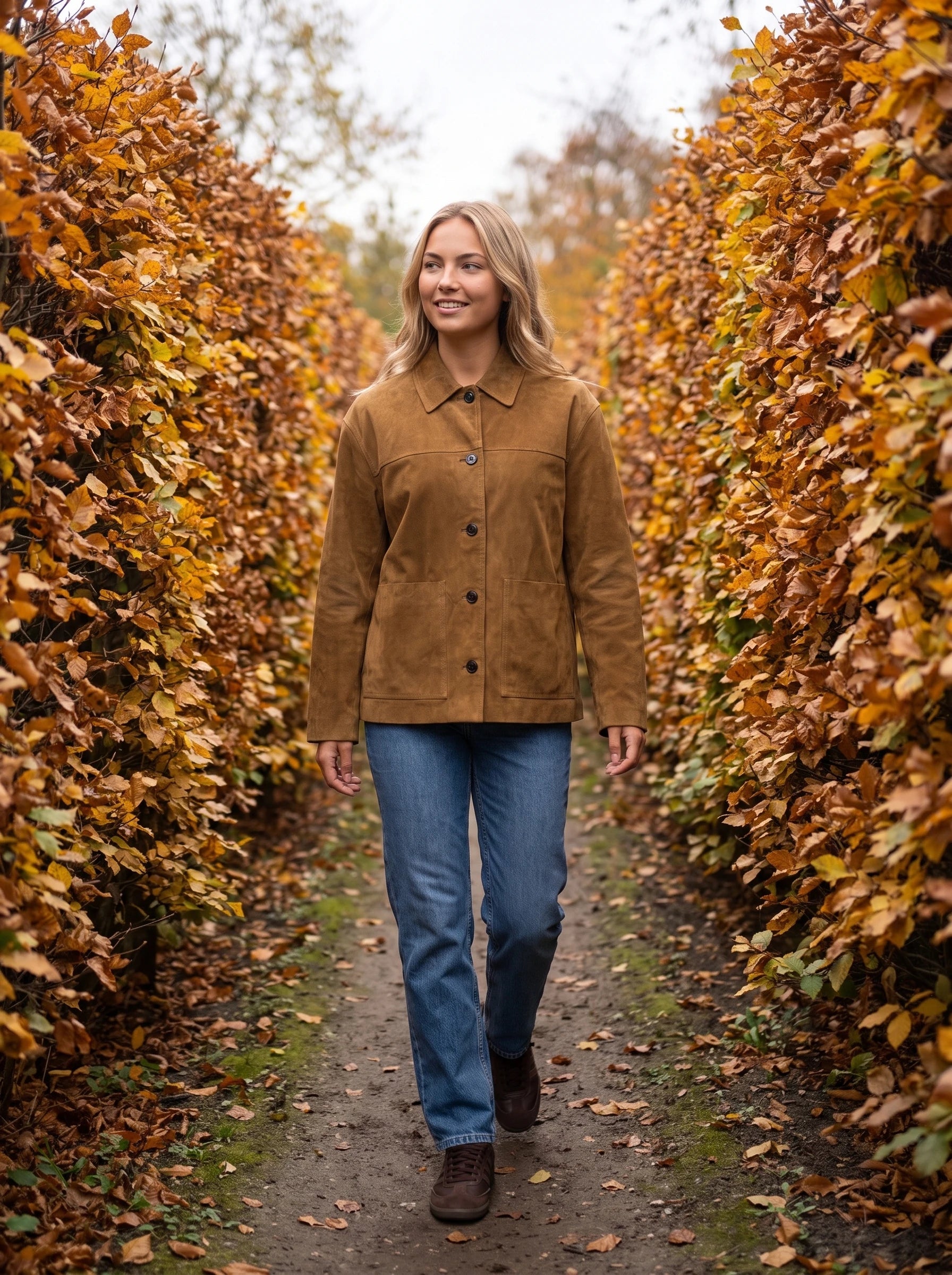Veste workwear en suédine tabac Ségolène, portée entre deux haies d'automne