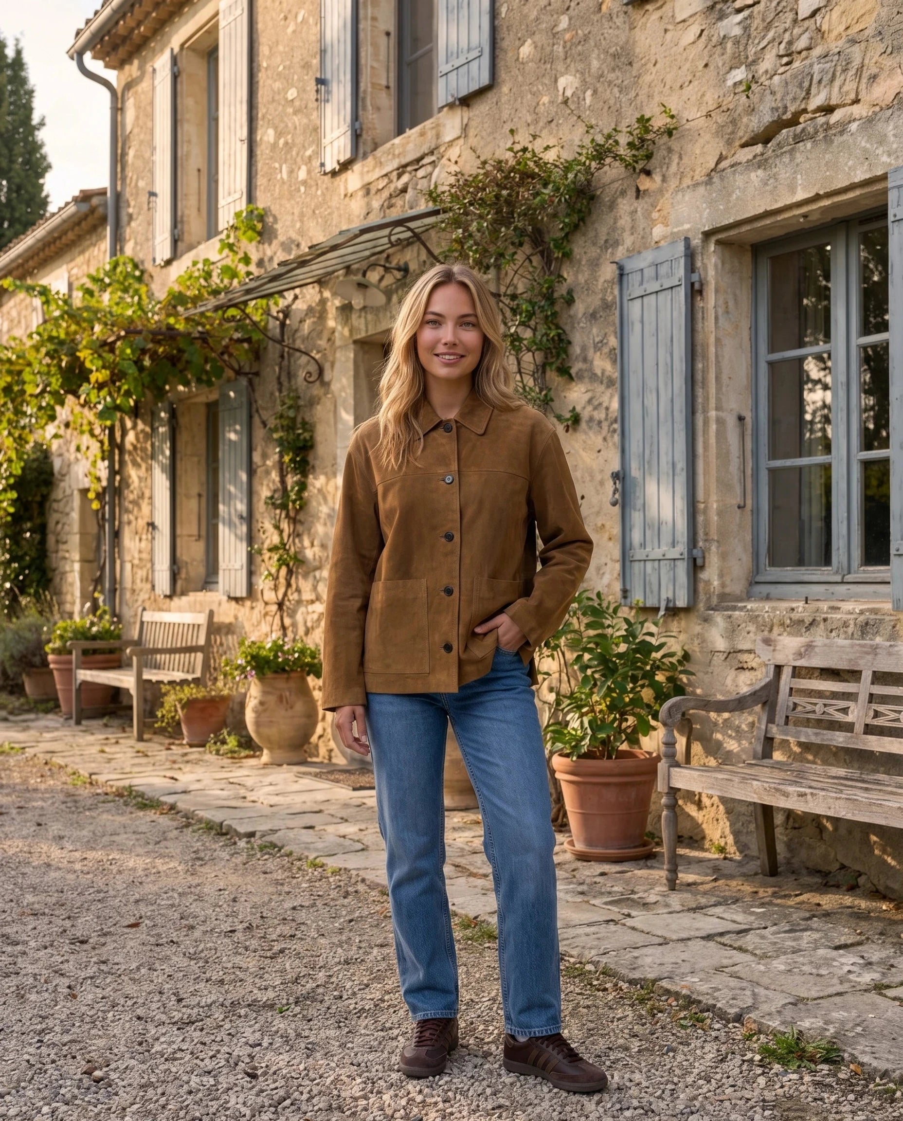 Veste workwear en suédine tabac Ségolène, portée devant une ferme aux volets bleu-gris