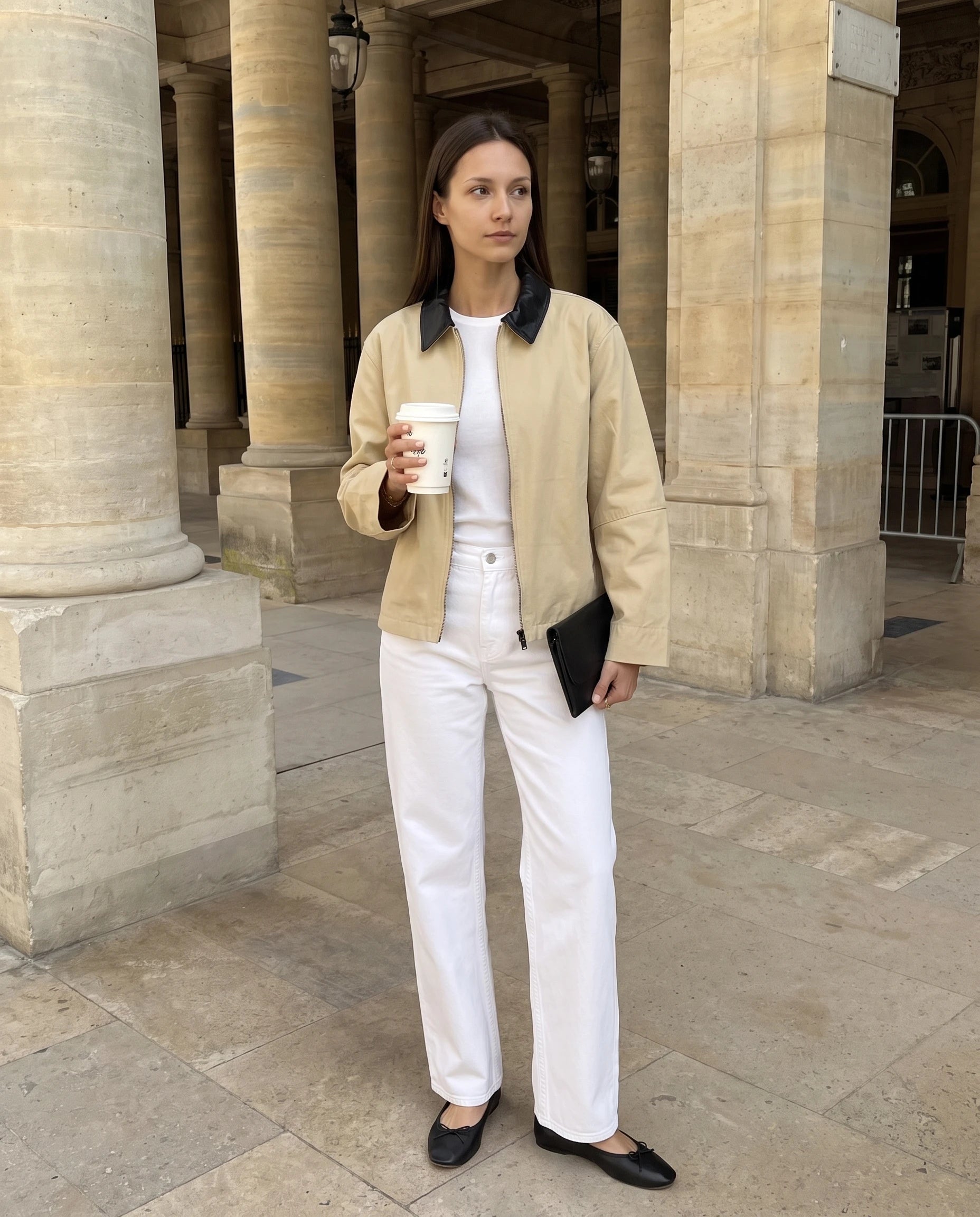 Veste zippée à col contrasté écru Astrid, portée en ville sous une colonnade