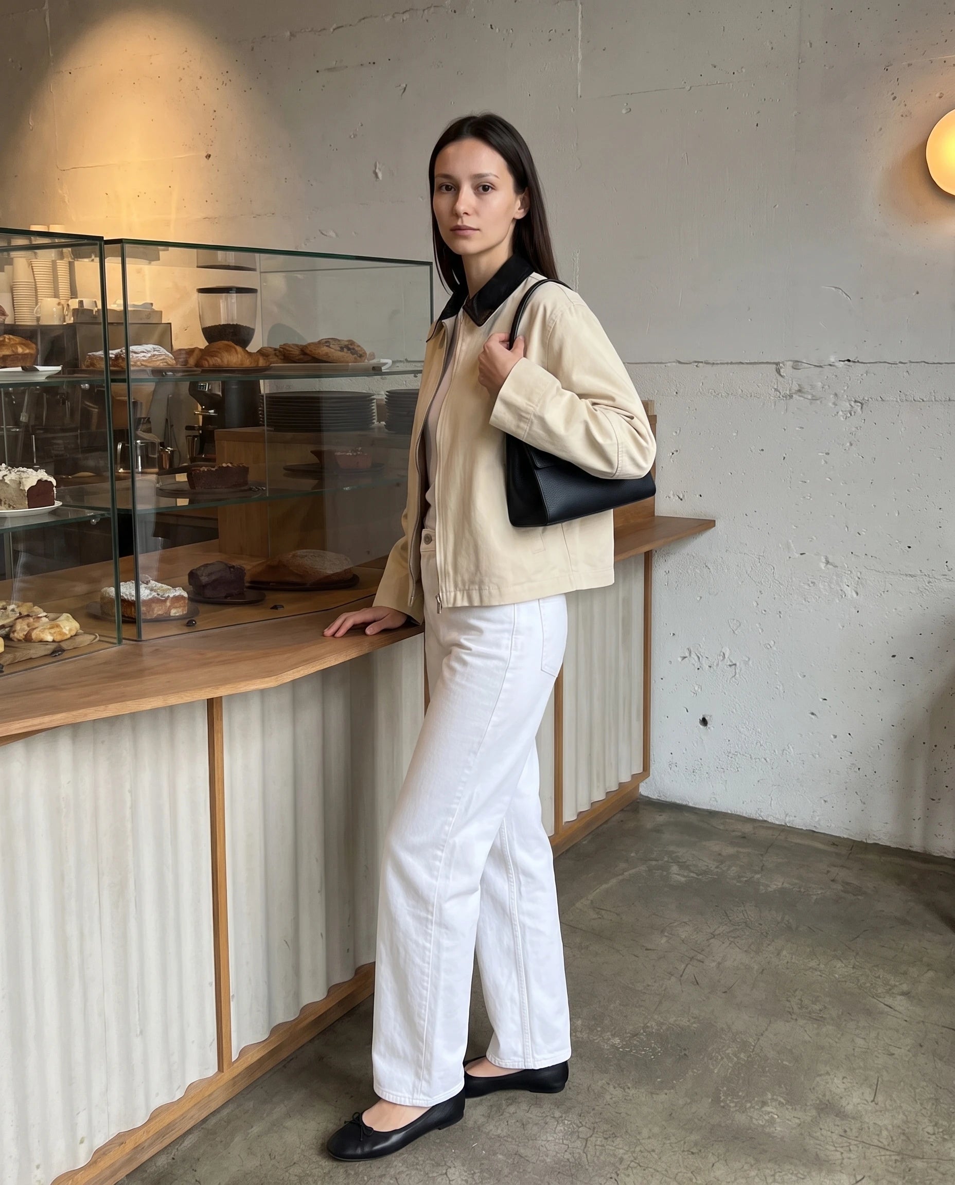 Veste zippée à col contrasté écru Astrid, portée dans un café