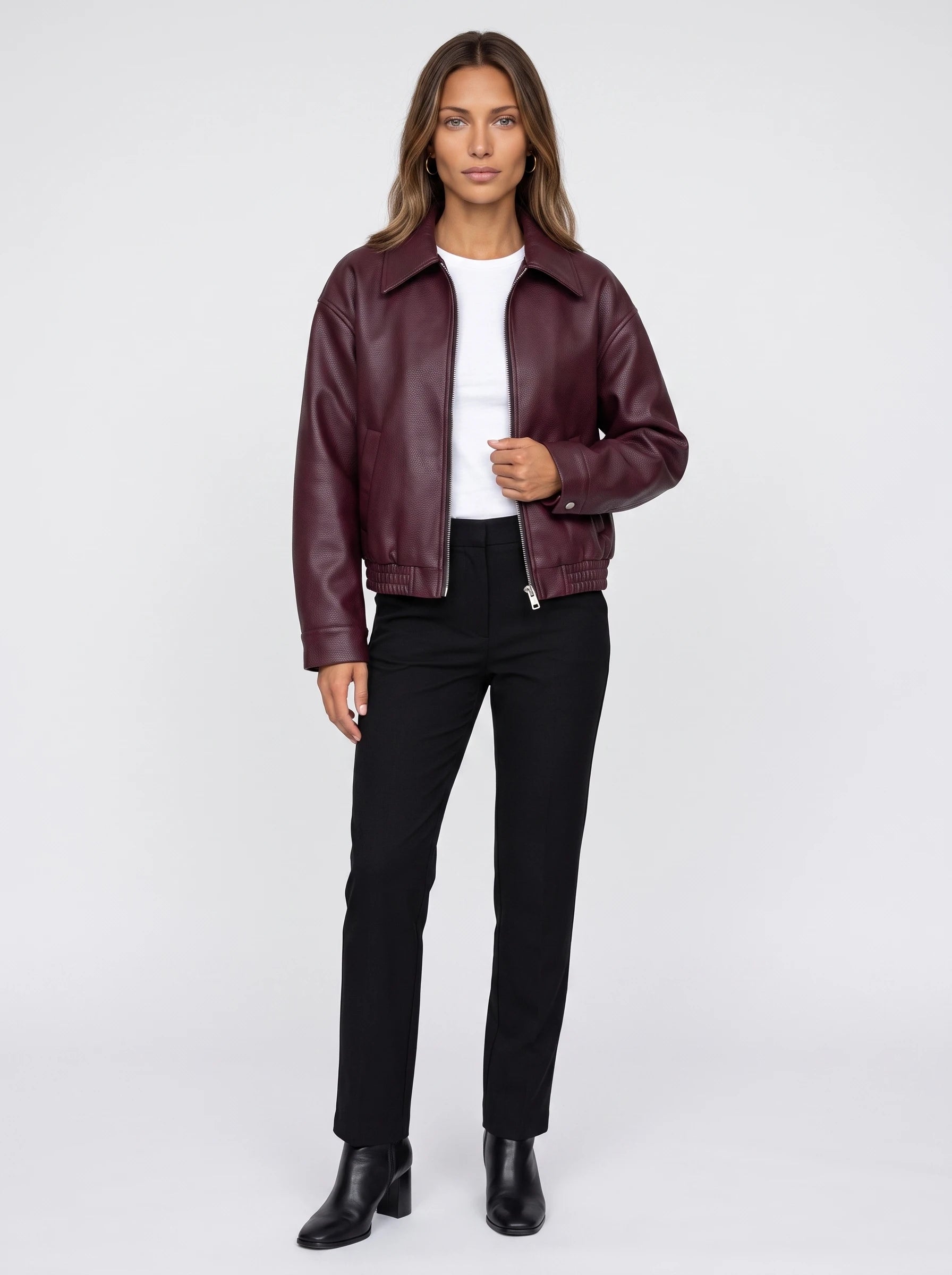 Veste zippée effet cuir bordeaux Louane, vue de face en studio