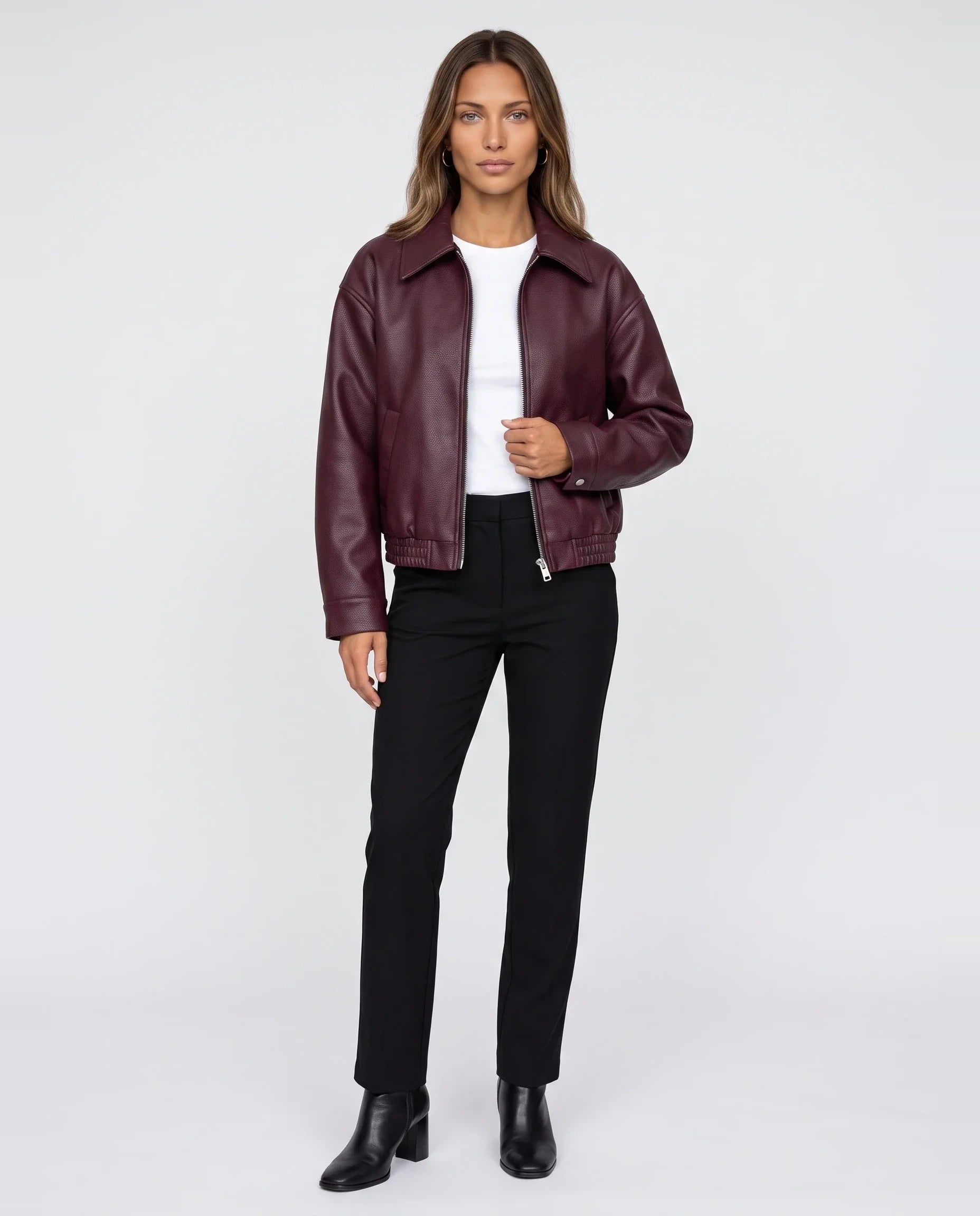 Veste zippée effet cuir bordeaux Louane, vue de face en studio