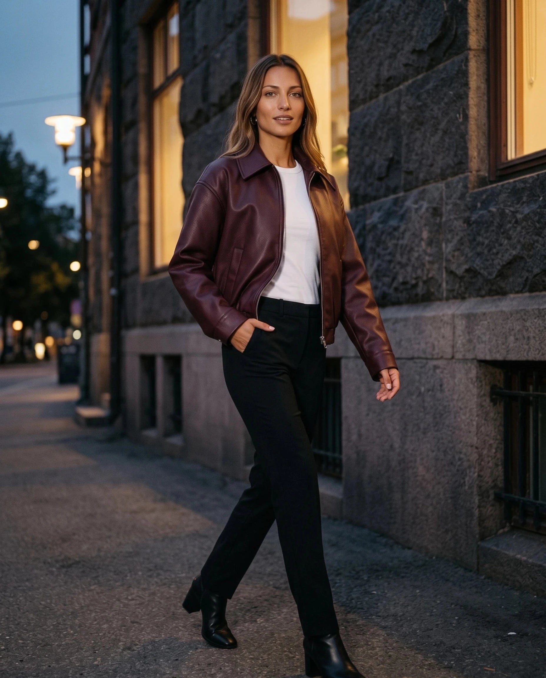 Veste effet cuir bordeaux Louane, portée en ville au crépuscule