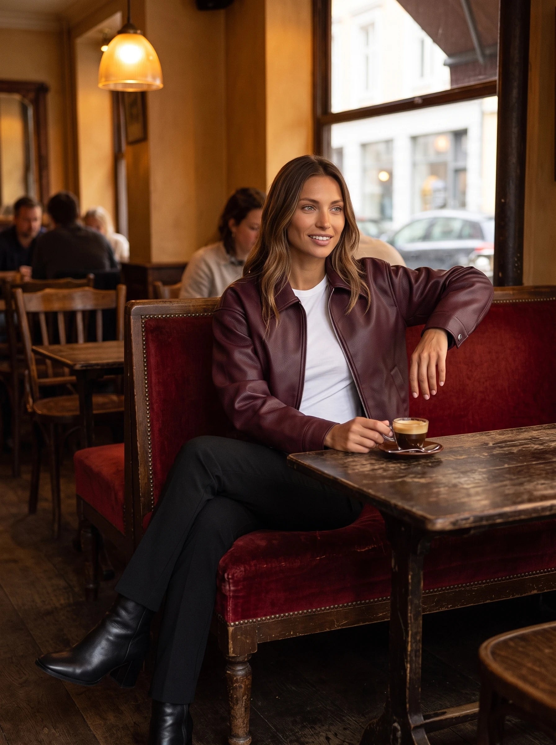 Veste effet cuir bordeaux Louane, portée sur une banquette de café