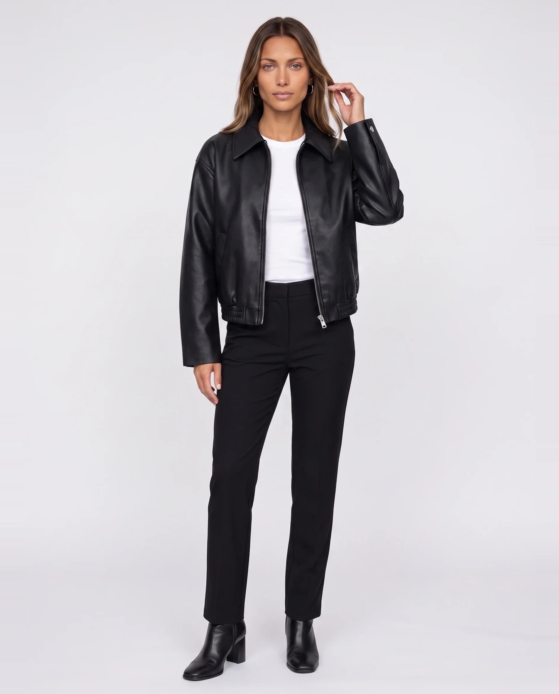 Veste zippée effet cuir noir Louane, vue de face en studio