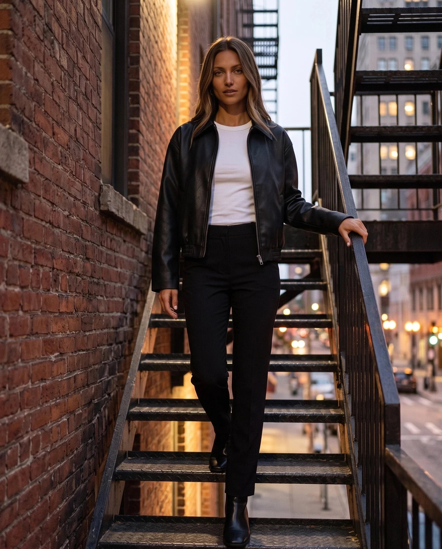 Veste effet cuir noir Louane, portée dans un escalier de brique le soir