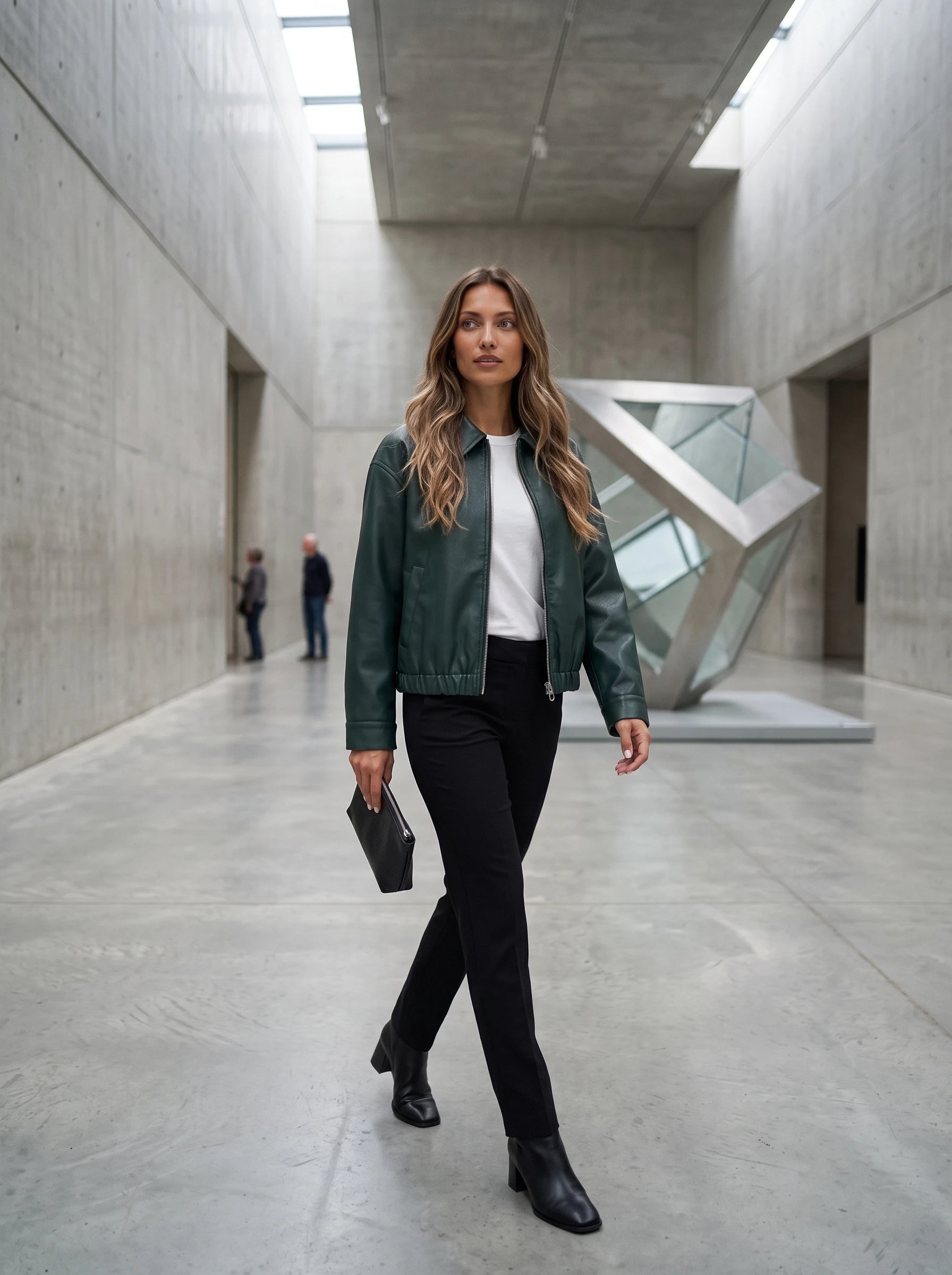 Veste effet cuir vert bouteille Louane, portée dans un hall de musée moderne
