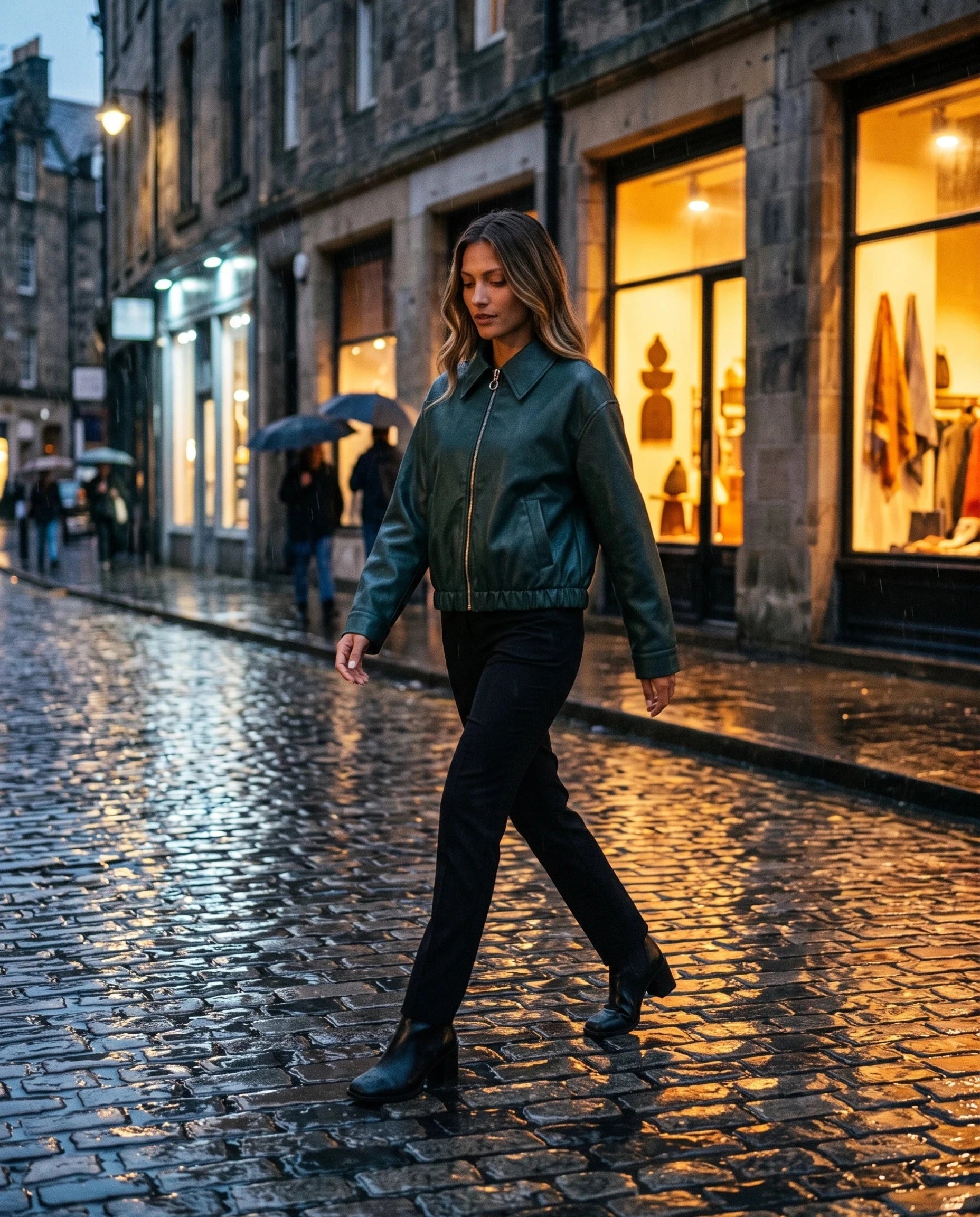 Veste effet cuir vert bouteille Louane, portée dans une rue pavée sous la pluie