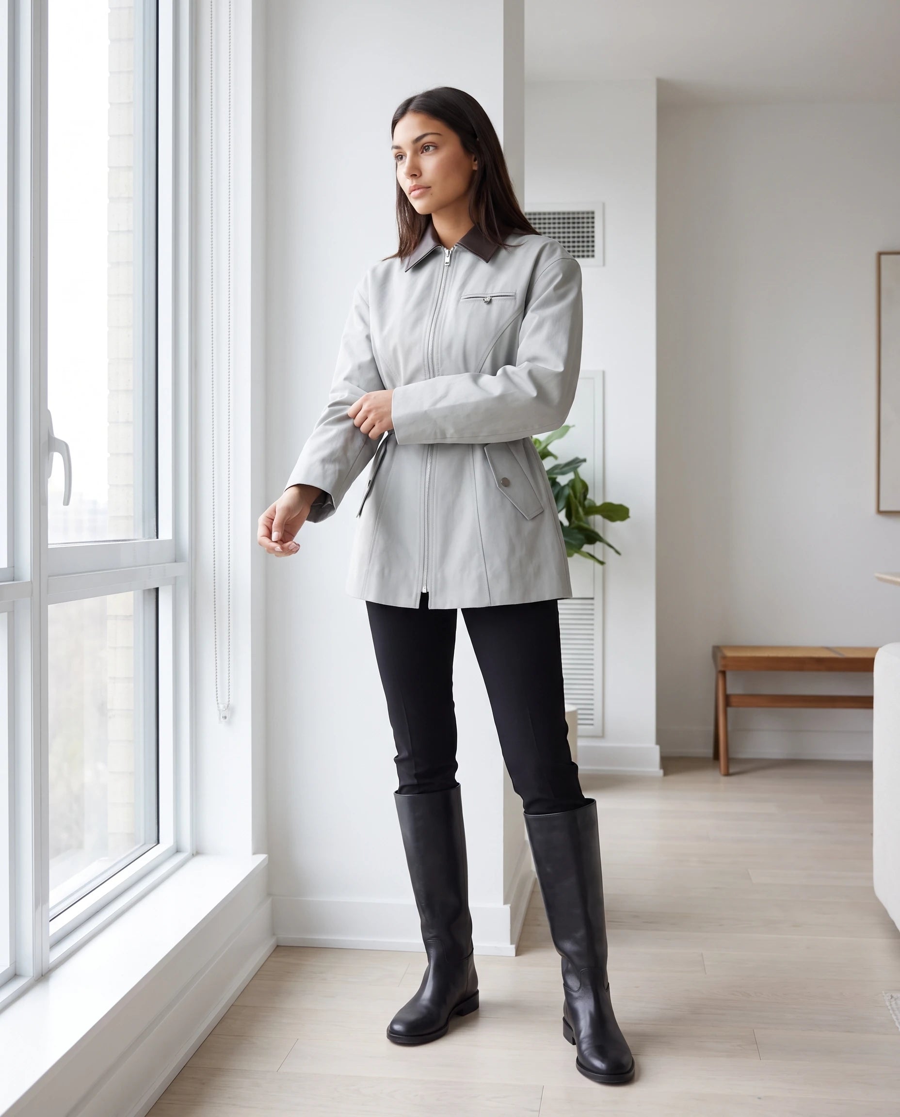 Veste zippée à taille cintrée gris perle Candice, portée en intérieur lumineux