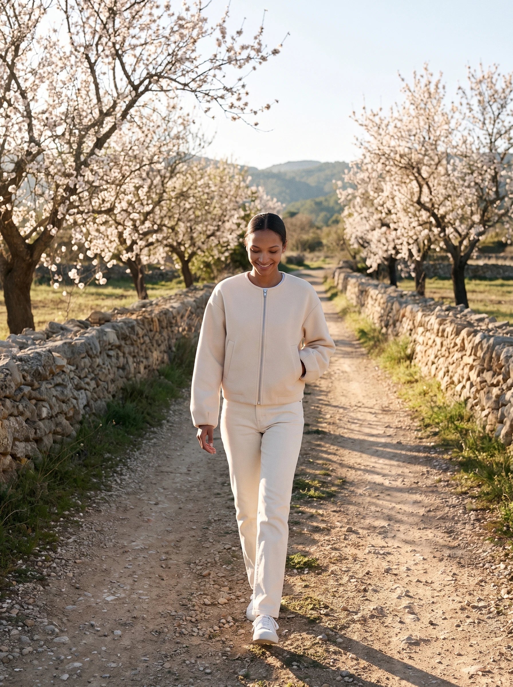 Veste zippée sans col crème Germaine, portée sur un chemin bordé d'amandiers