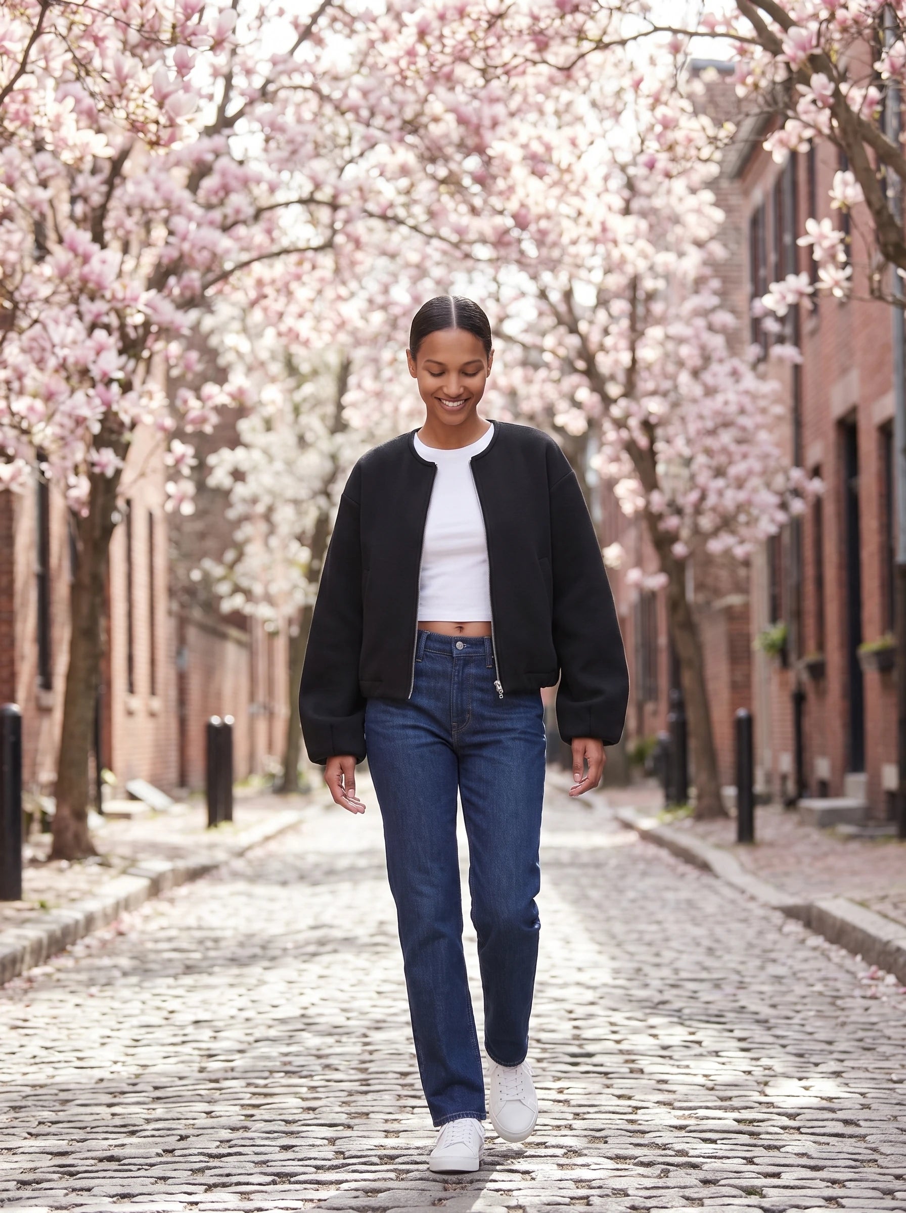 Veste zippée sans col noire Germaine, portée dans une allée de magnolias en fleurs