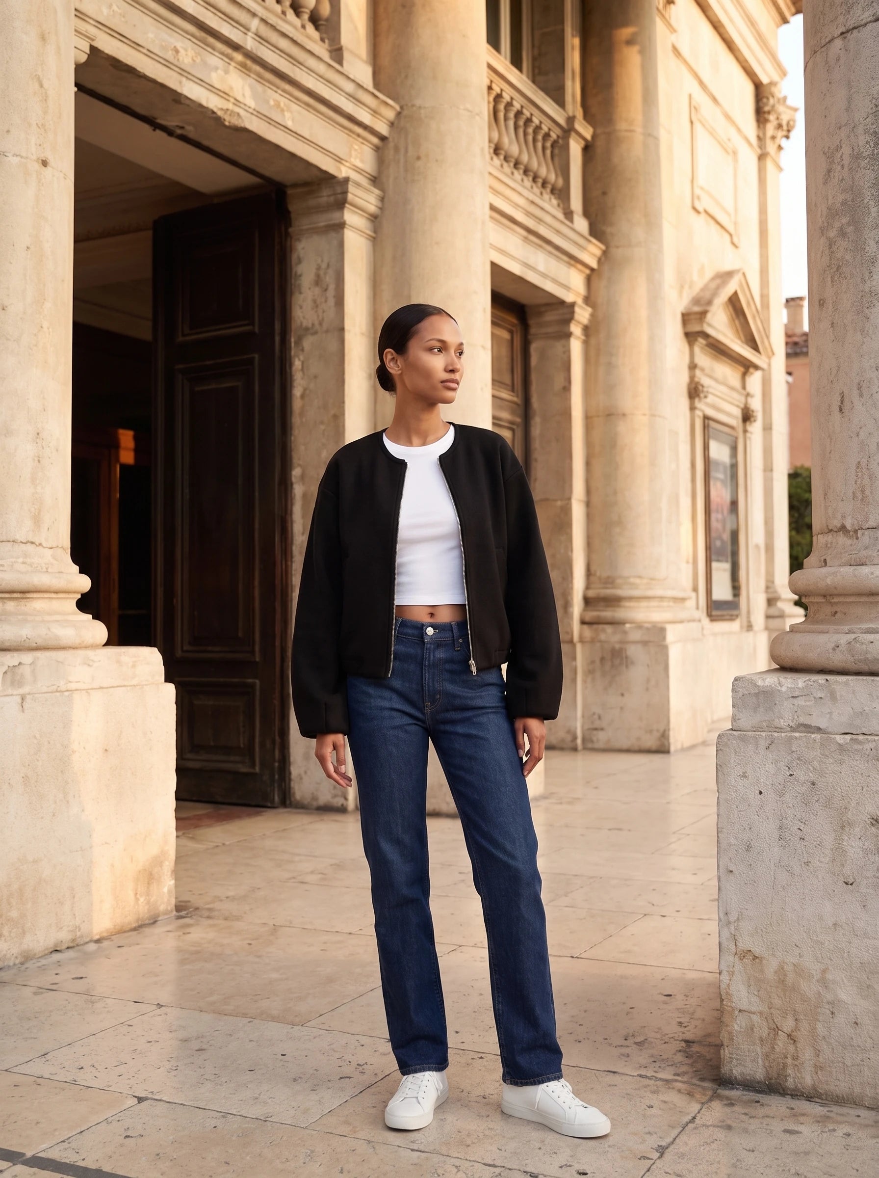 Veste zippée sans col noire Germaine, portée sur le parvis d'un théâtre ancien