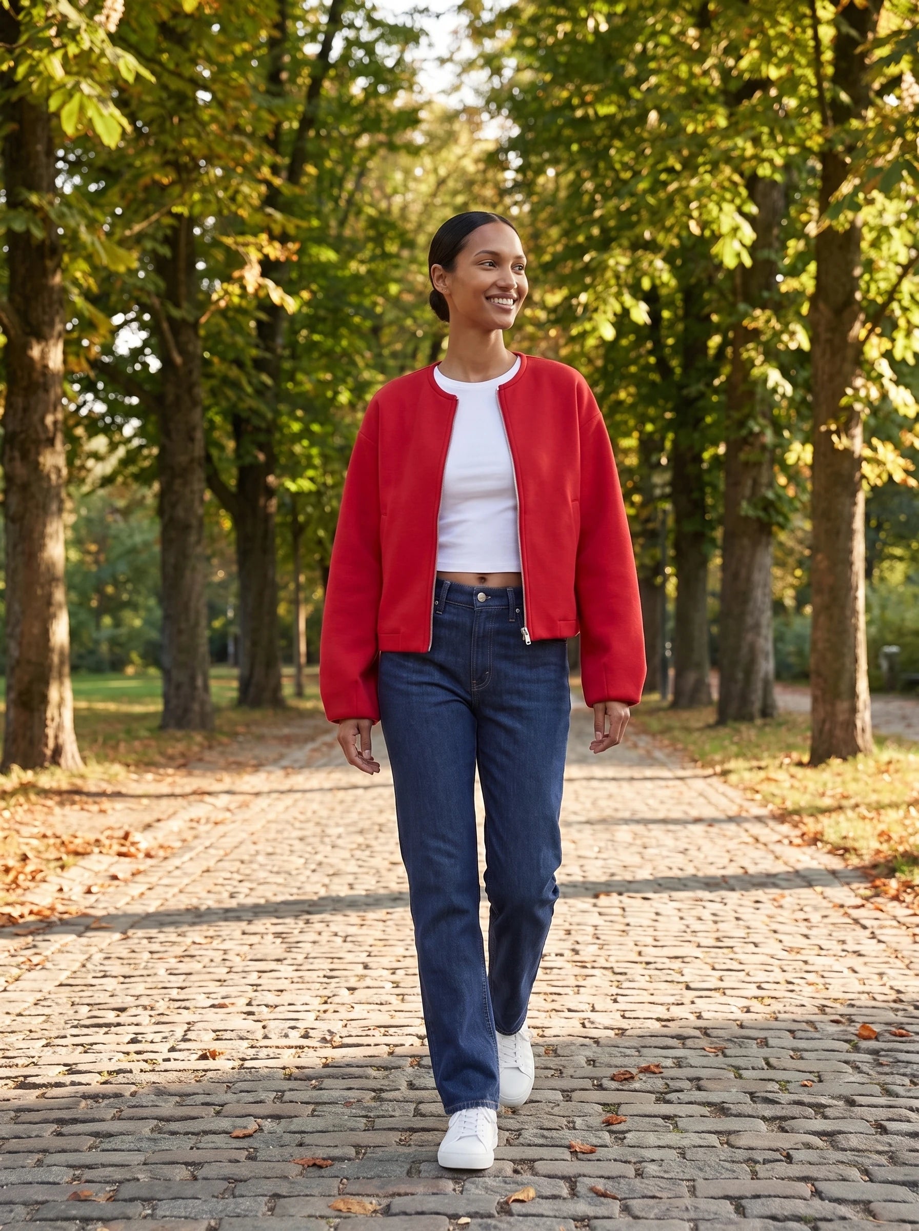 Veste zippée sans col rouge Germaine, portée dans une allée de marronniers