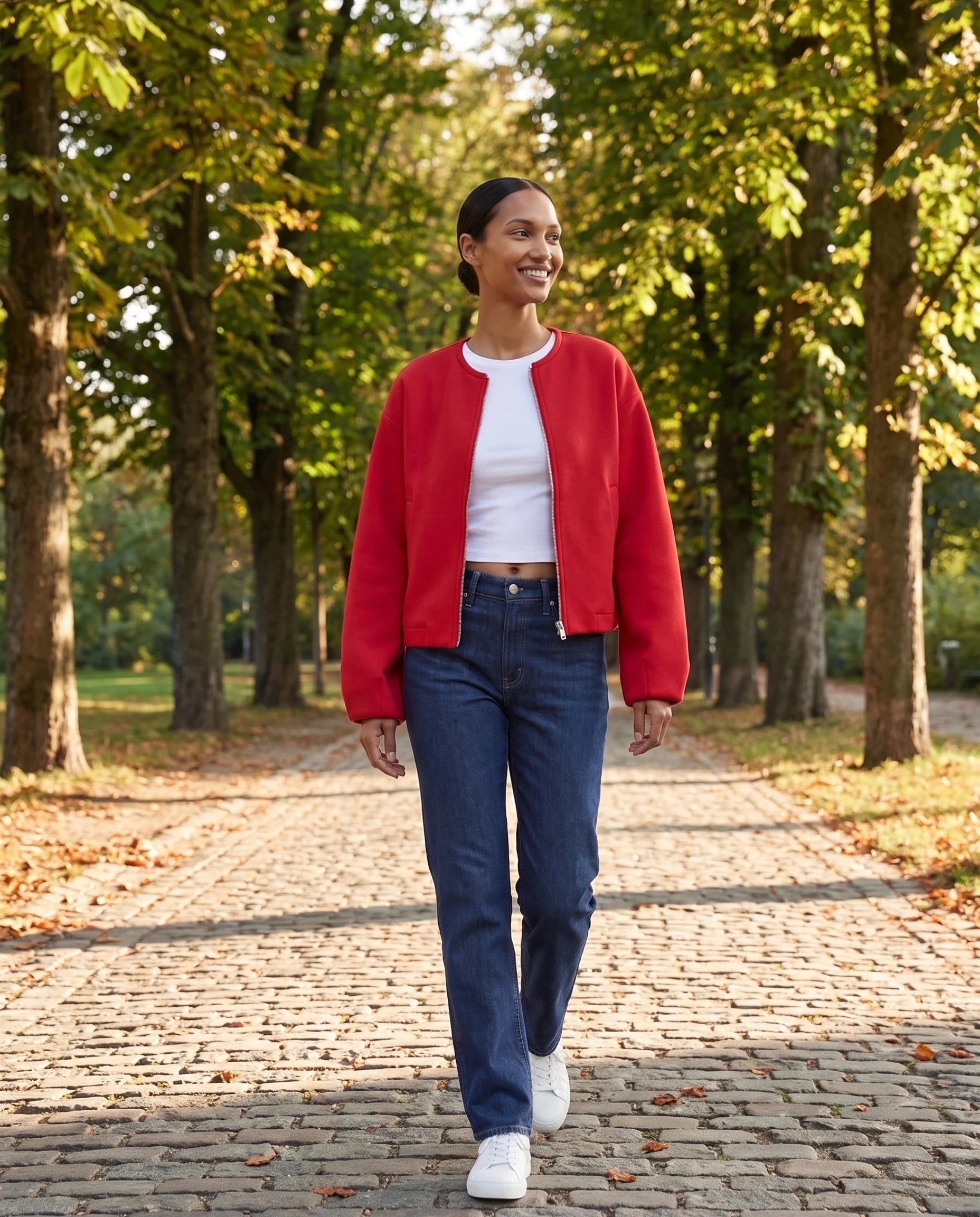 Veste zippée sans col rouge Germaine, portée dans une allée de marronniers